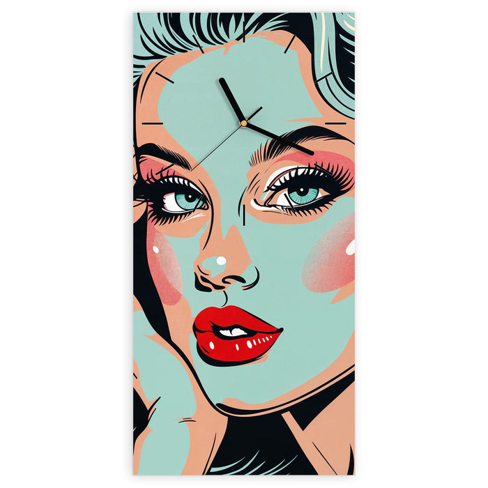 Wanduhr Comic Porträt Kunst aus Glas – Hochformat 30 × 60 cm mit Ziffernblatt Linie