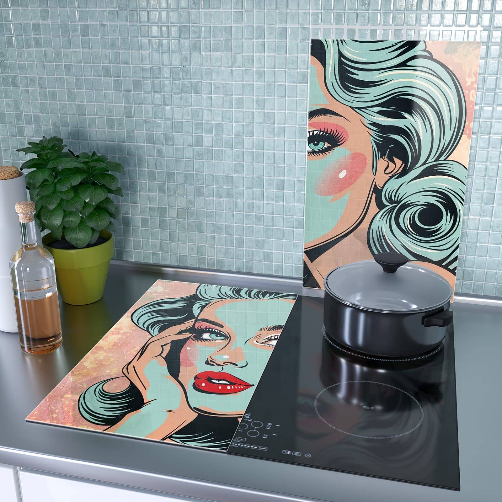 2-teilige Abdeckplatte für Induktionsherd mit Comic Porträt Kunst-Motiv als Spritzschutz hinter dem Kochfeld
