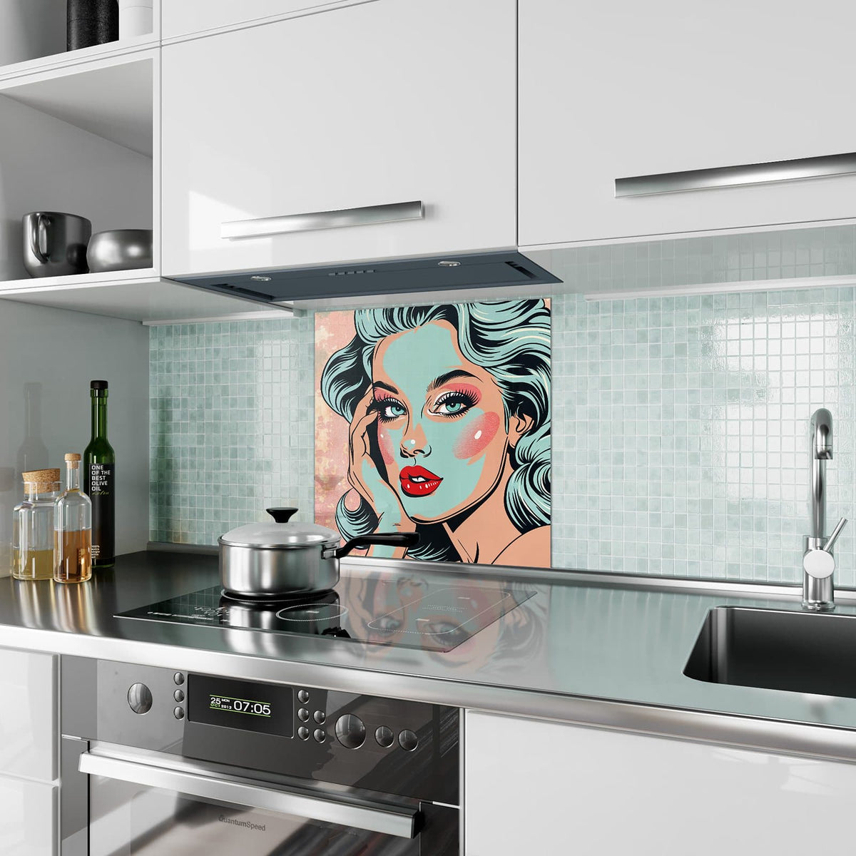 Küchenrückwand Comic Porträt in Mint aus Glas – Comic-Gesicht in Mintgrün und Rosa