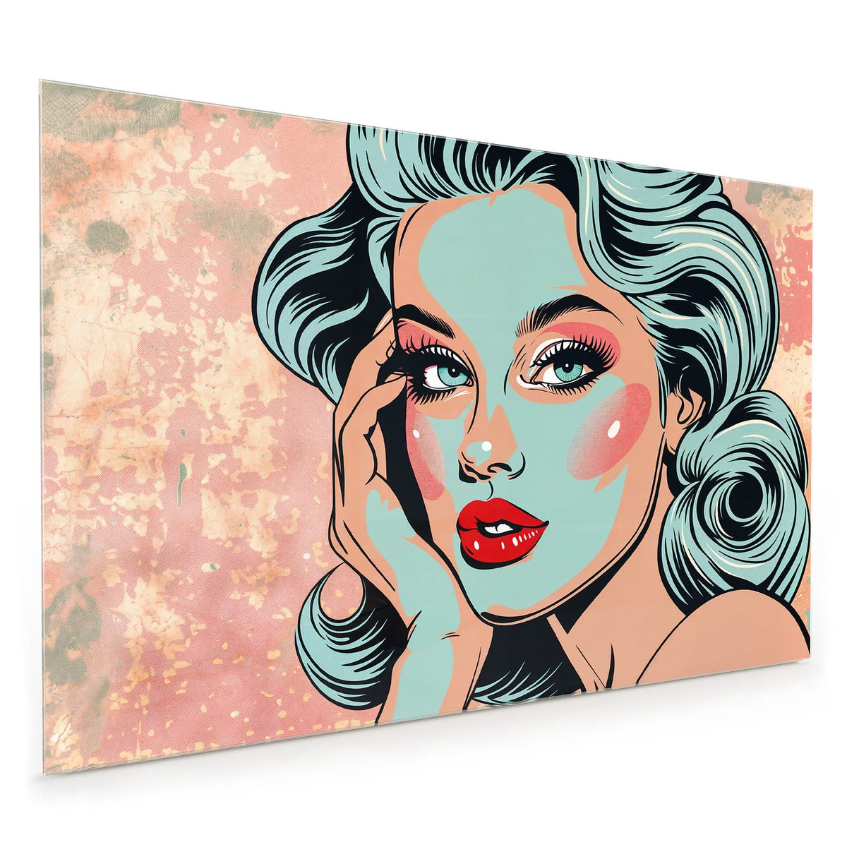 Küchenrückwand aus Glas im Hochformat mit Motiv Comic Porträt in Mint: Pop-Art-Frau mit mintgrüner Haut und Haaren, roten Lippen, auf rosa Grund