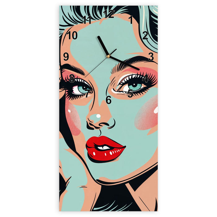 Wanduhr Comic Porträt Kunst aus Glas – Hochformat 30 × 60 cm mit Ziffernblatt Modern