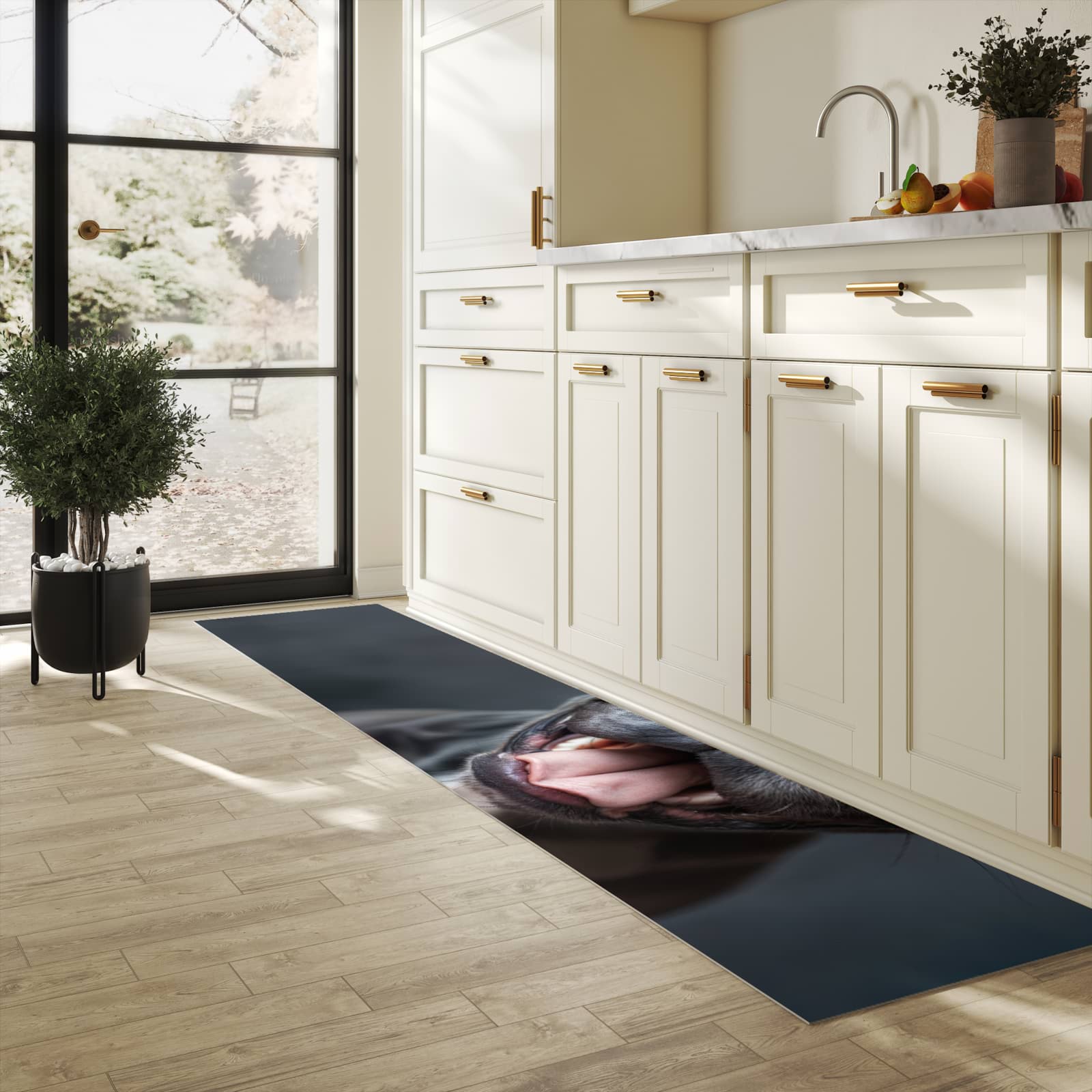 Langlebiger dünner Küchenteppich mit Motiv Lachender Hund in heller Küche