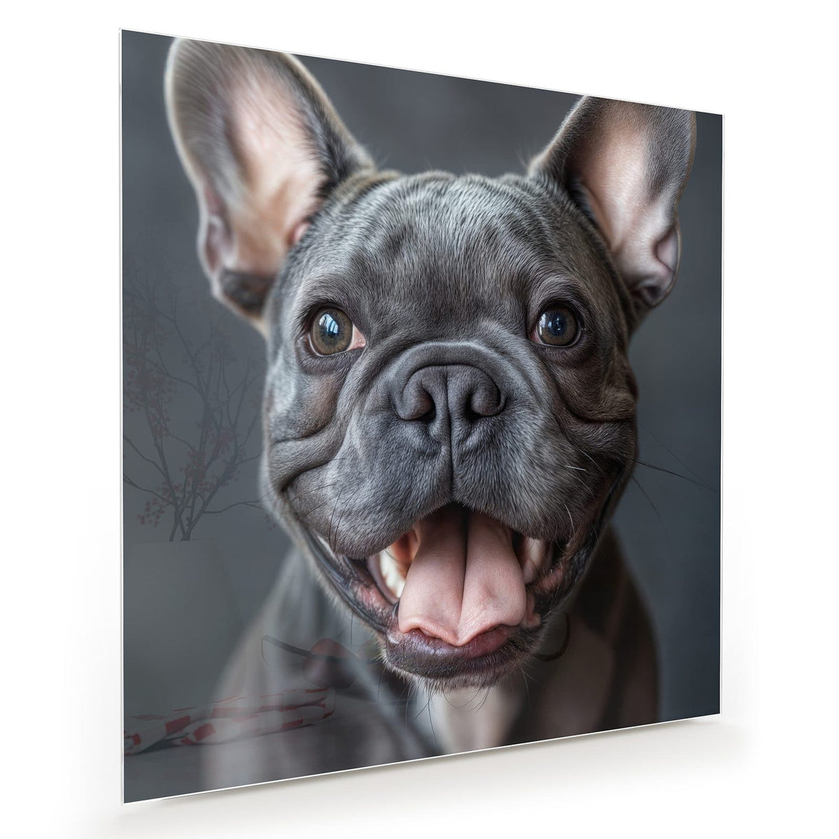 Graue Französische Bulldogge mit offenem Maul und breitem Grinsen