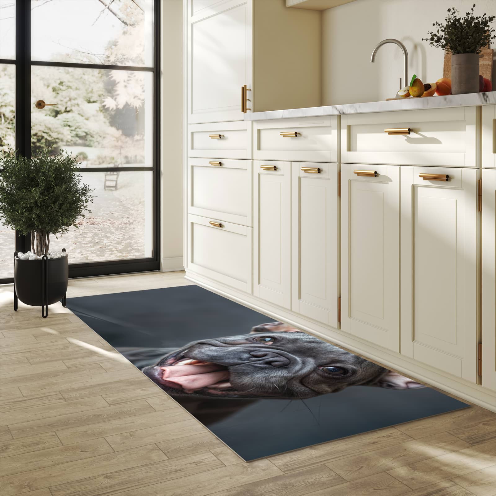 Hygienischer Bodenläufer Teppich mit Motiv Lachender Hund in heller Küche