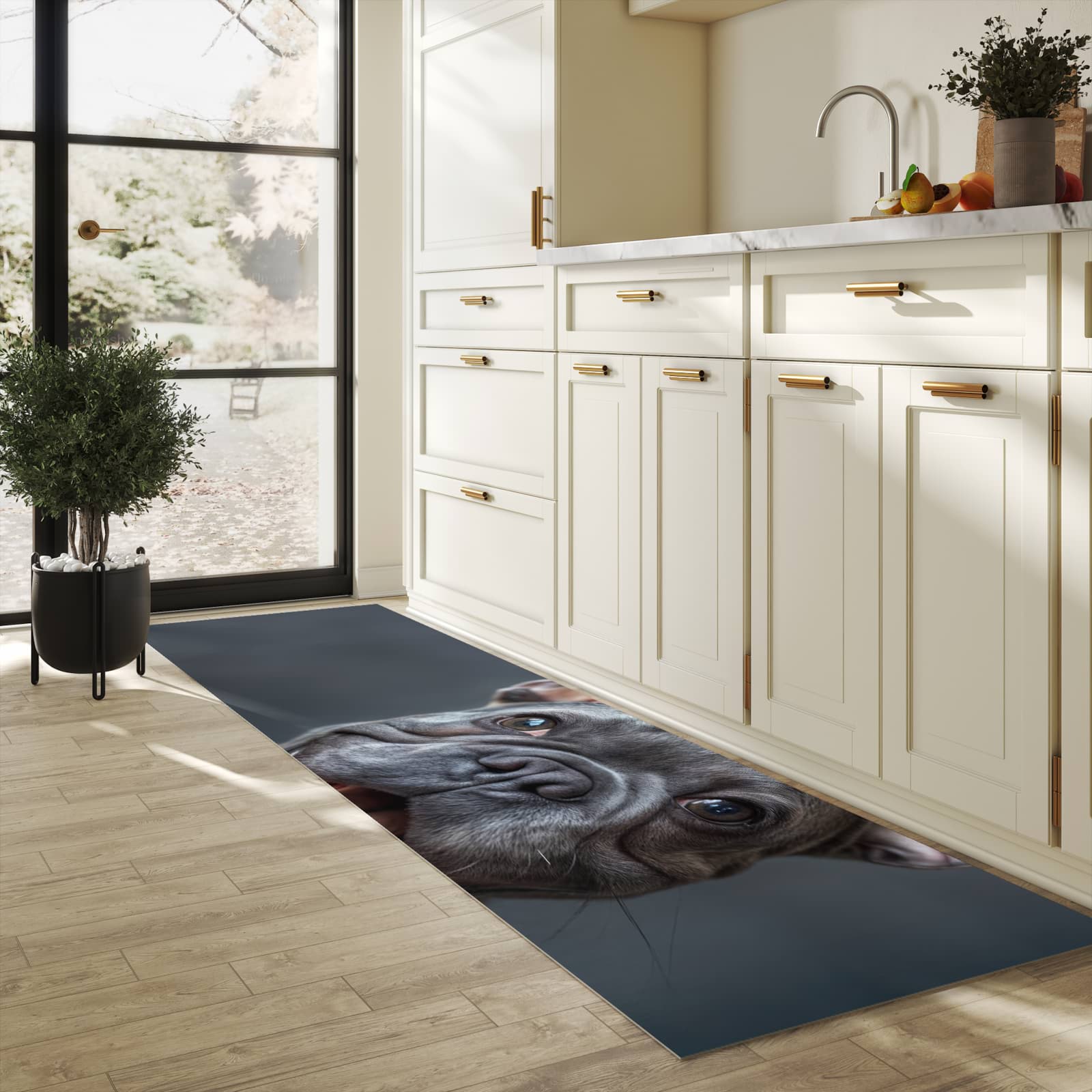 Pflegeleichter rutschfester Küchenteppich mit Motiv Lachender Hund in heller Küche