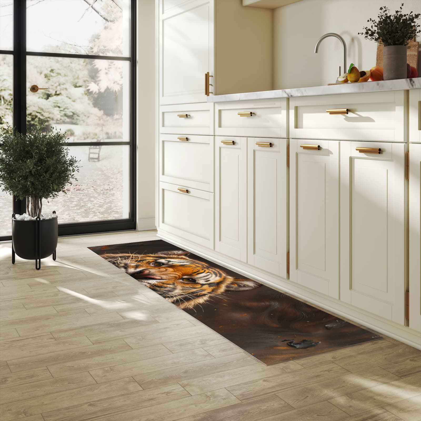 Strapazierfähiger Teppich für Esstisch mit Motiv Tiger im Feuer in heller Küche