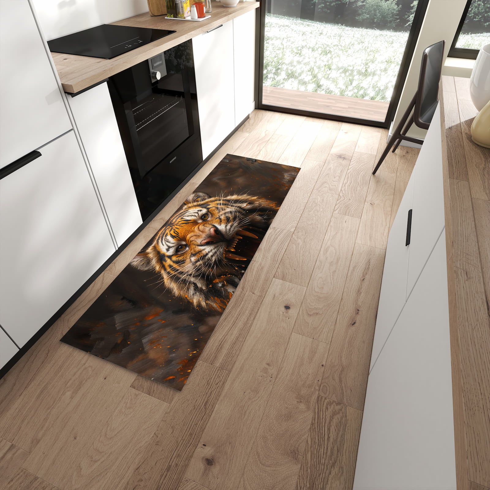 Wasserabweisender Bodenläufer mit Motiv Tiger im Feuer in moderner Küche