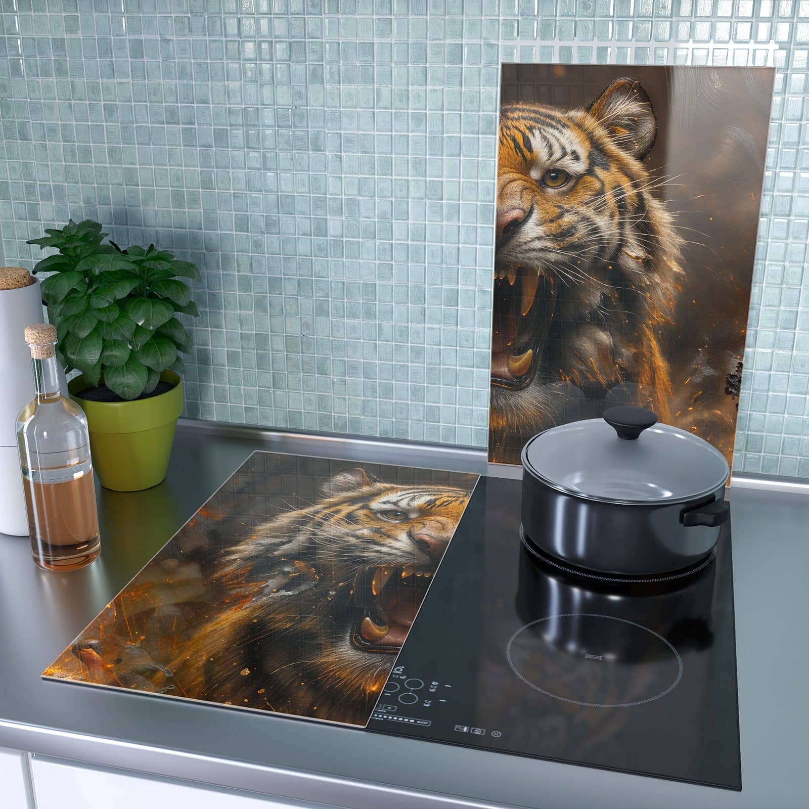 2-teilige Herdabdeckplatte aus Glas mit Tiger im Feuer-Motiv als Spritzschutz hinter dem Kochfeld