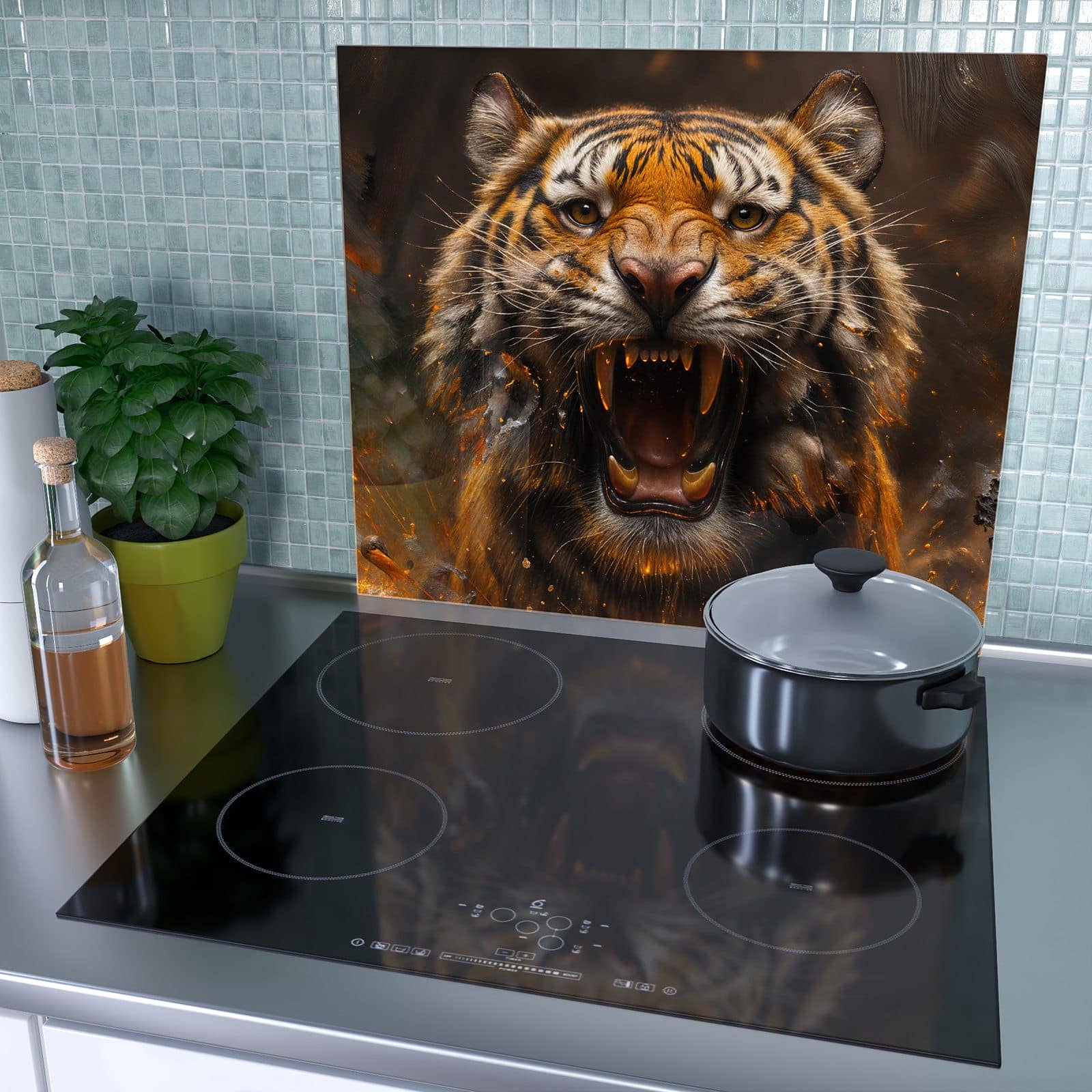 1-teilige Herdabdeckplatte mit Tiger im Feuer-Motiv als Spritzschutz hinter dem Kochfeld