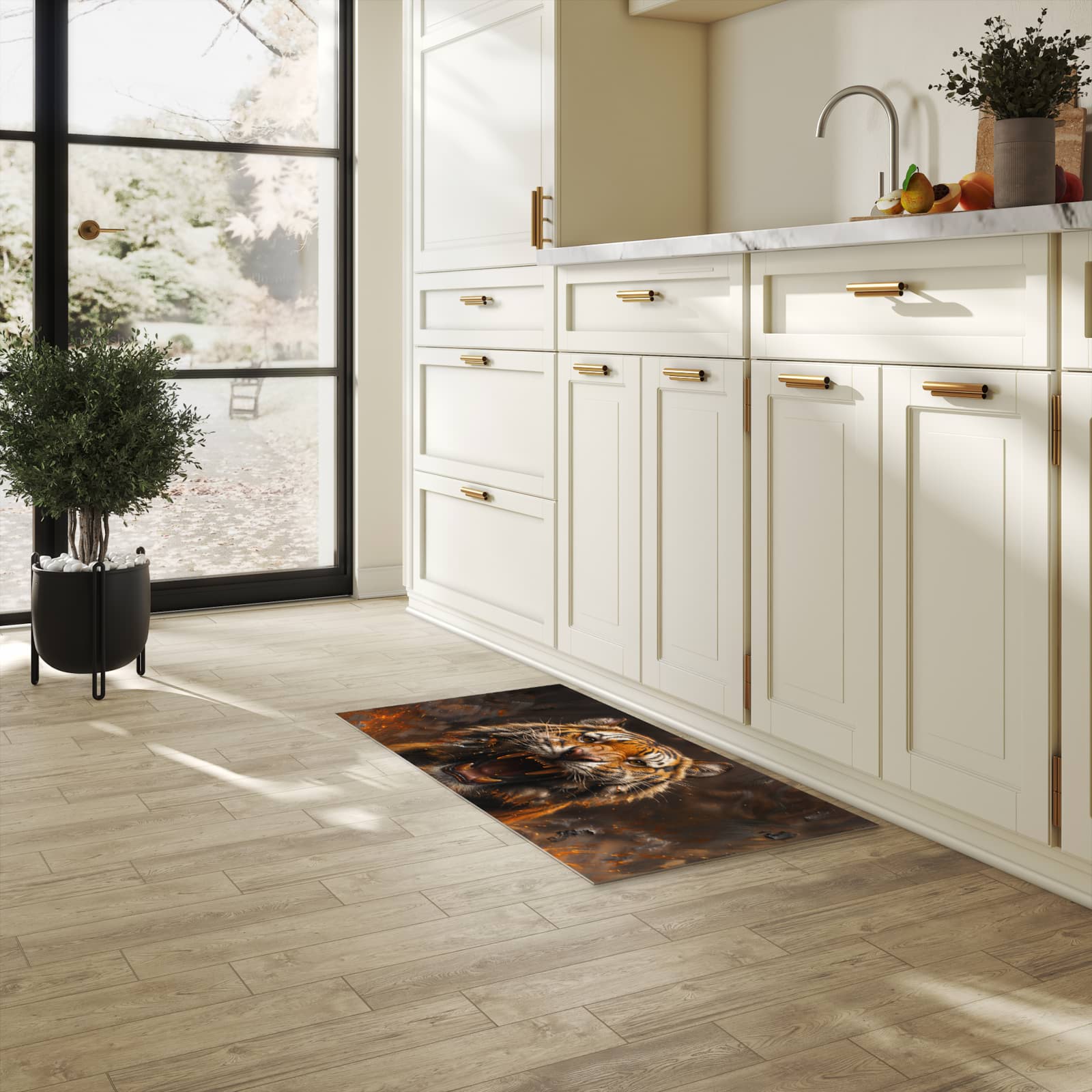 Rutschfester Küchenteppich mit Motiv Tiger im Feuer in heller Küche, einfach zu reinigen