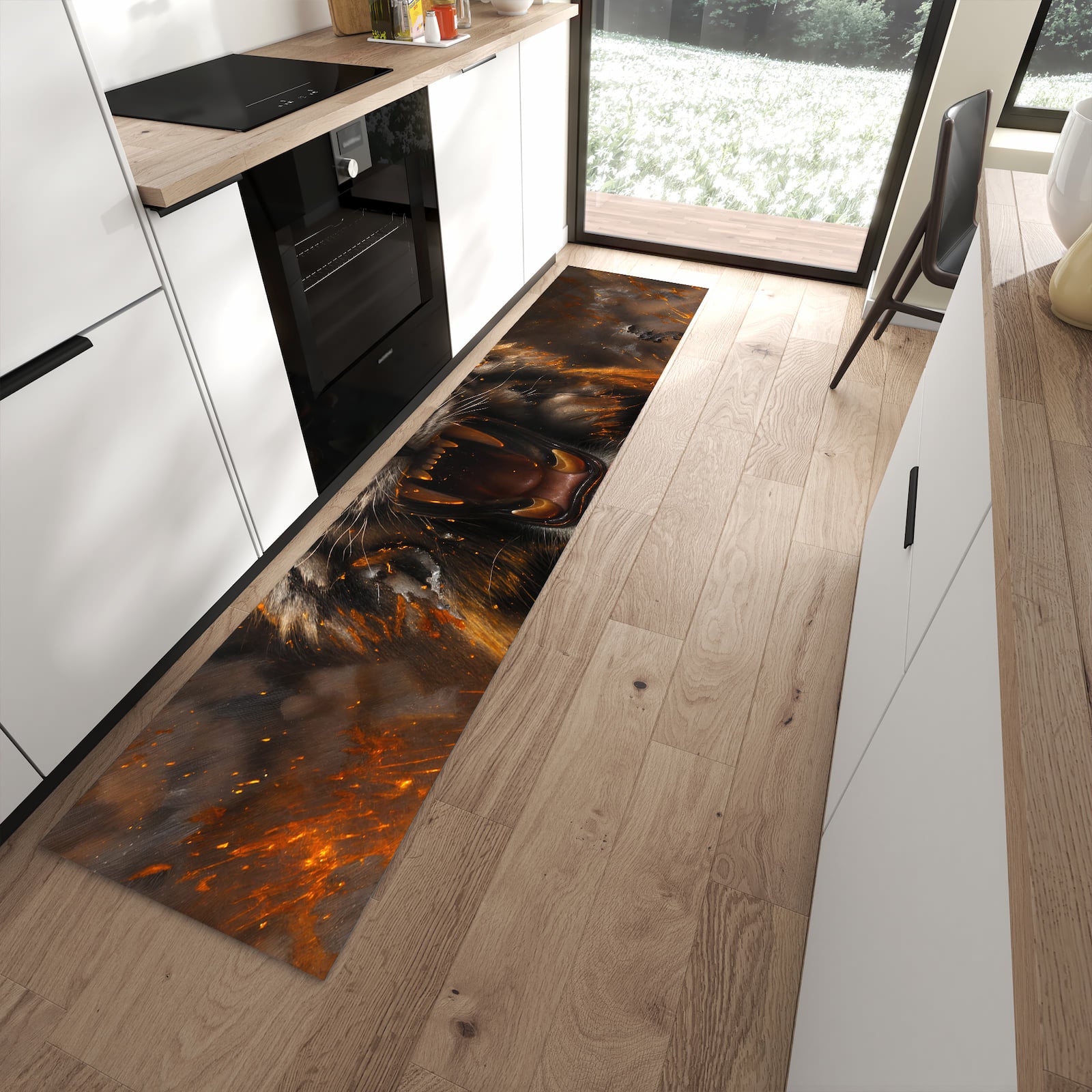 Schmutzabweisender Küchenteppich mit Motiv Tiger im Feuer in moderner Küche