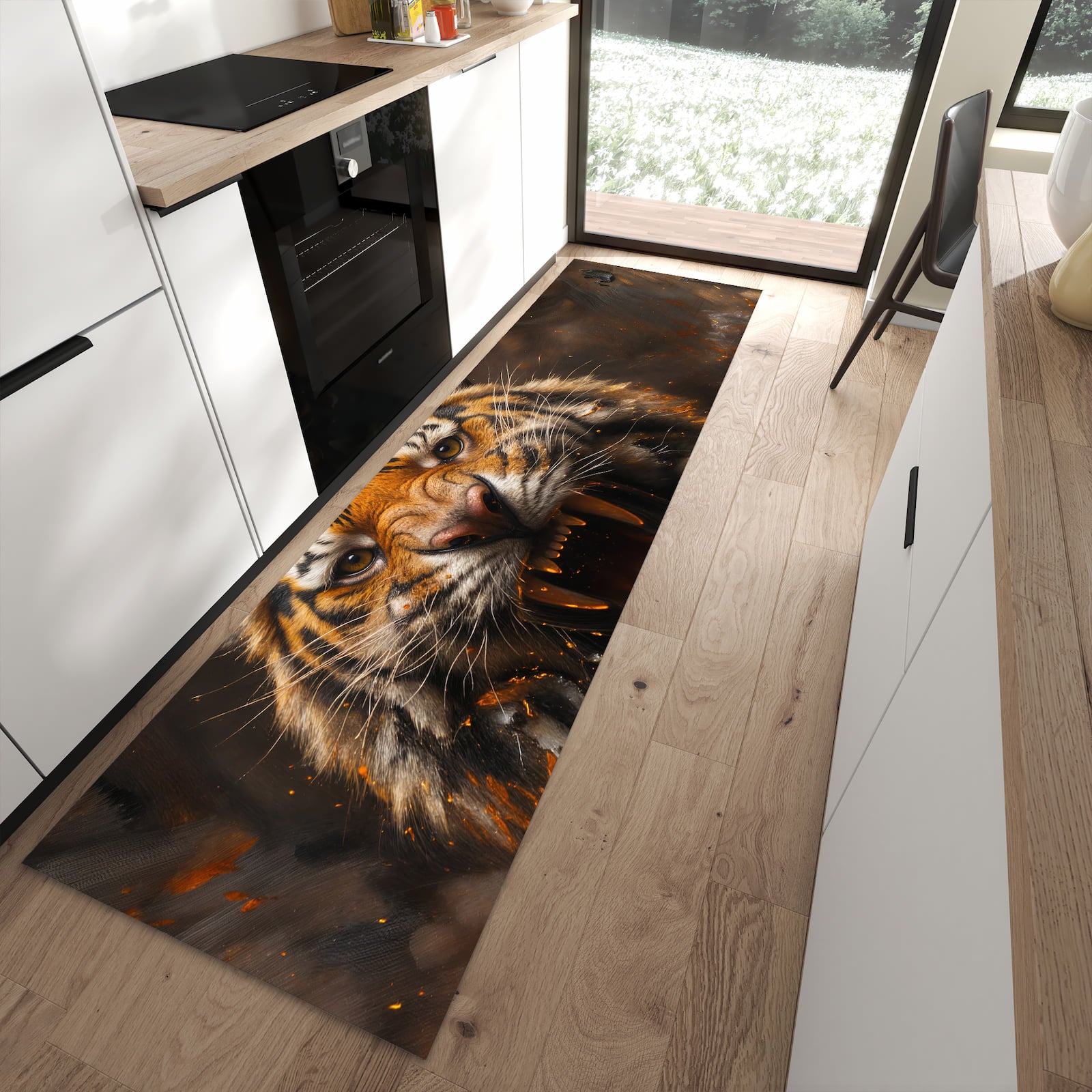 Komfortabler waschbarer Küchenteppich mit Motiv Tiger im Feuer in moderner Küche