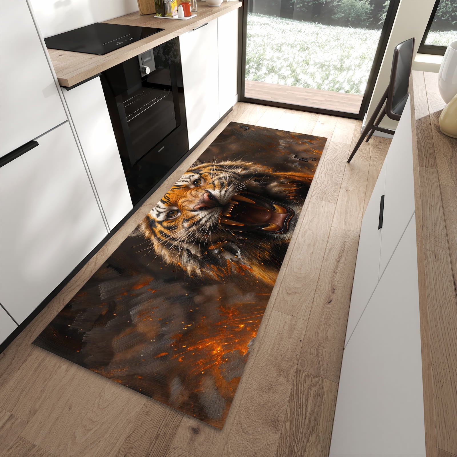 Rutschfester Küchenteppich mit Motiv Tiger im Feuer für angenehmes Stehen in moderner Küche