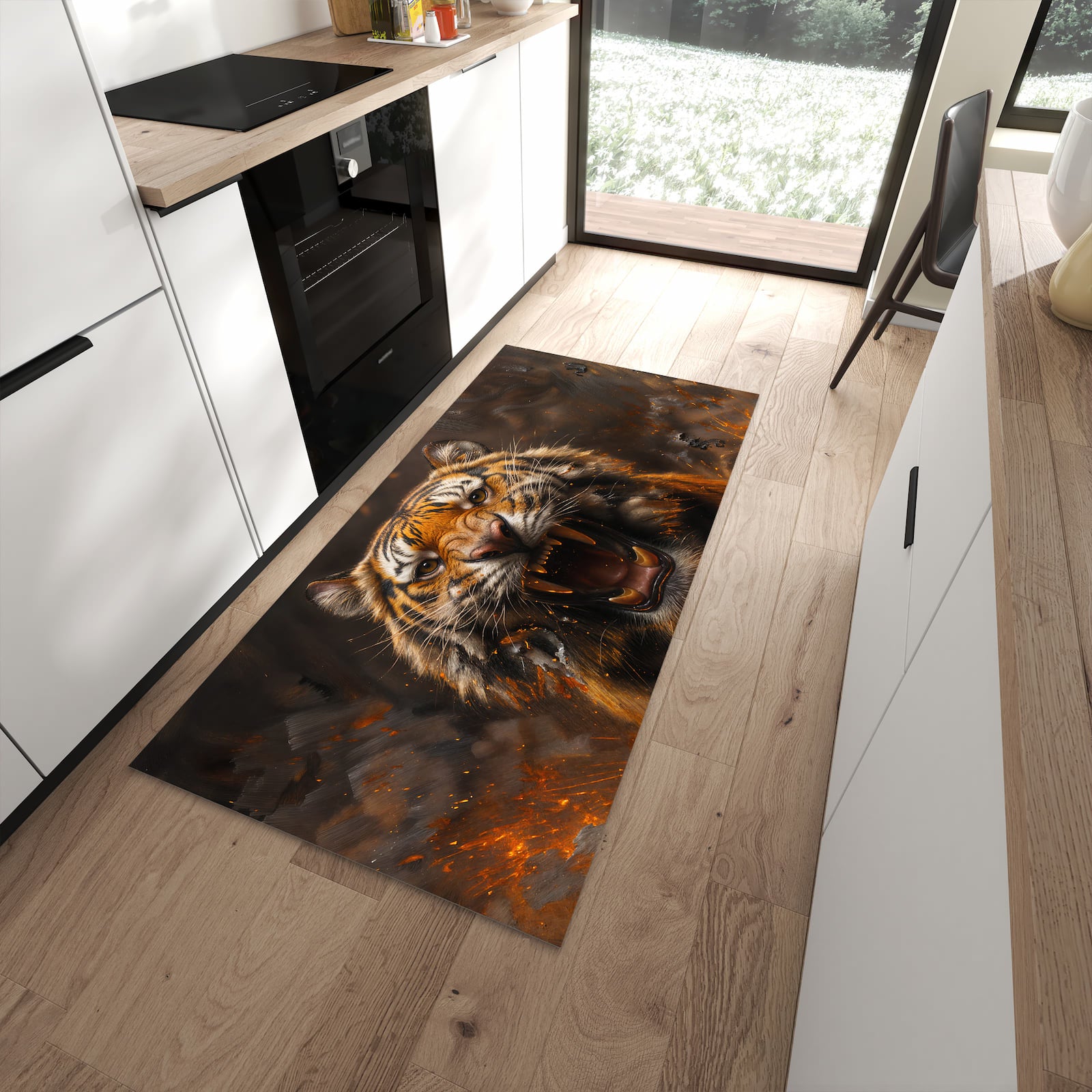 Pflegeleichter großer Küchenteppich mit Motiv Tiger im Feuer in moderner Küche