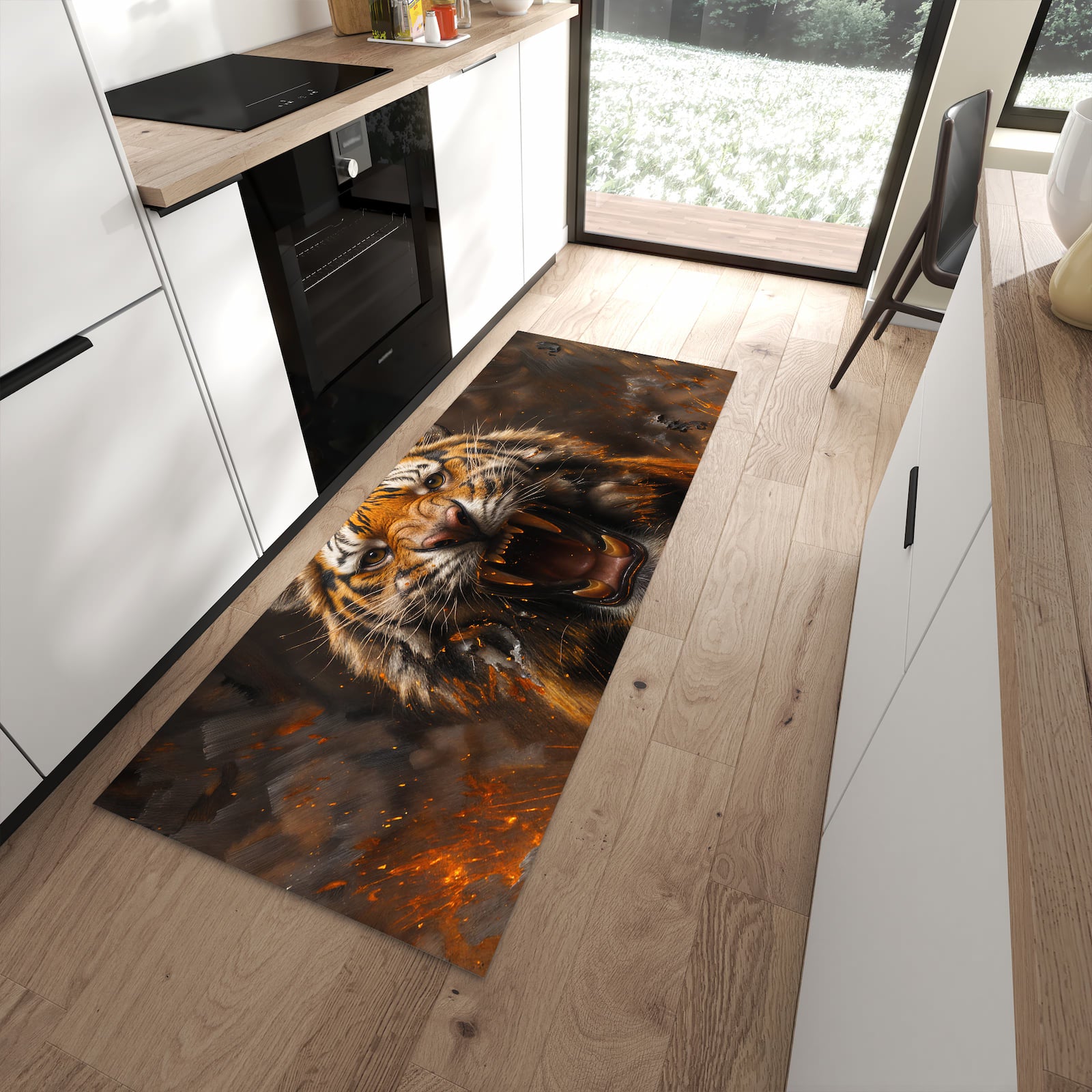 Flacher Küchenteppich mit Motiv Tiger im Feuer in moderner Küche für rutschfesten Stand