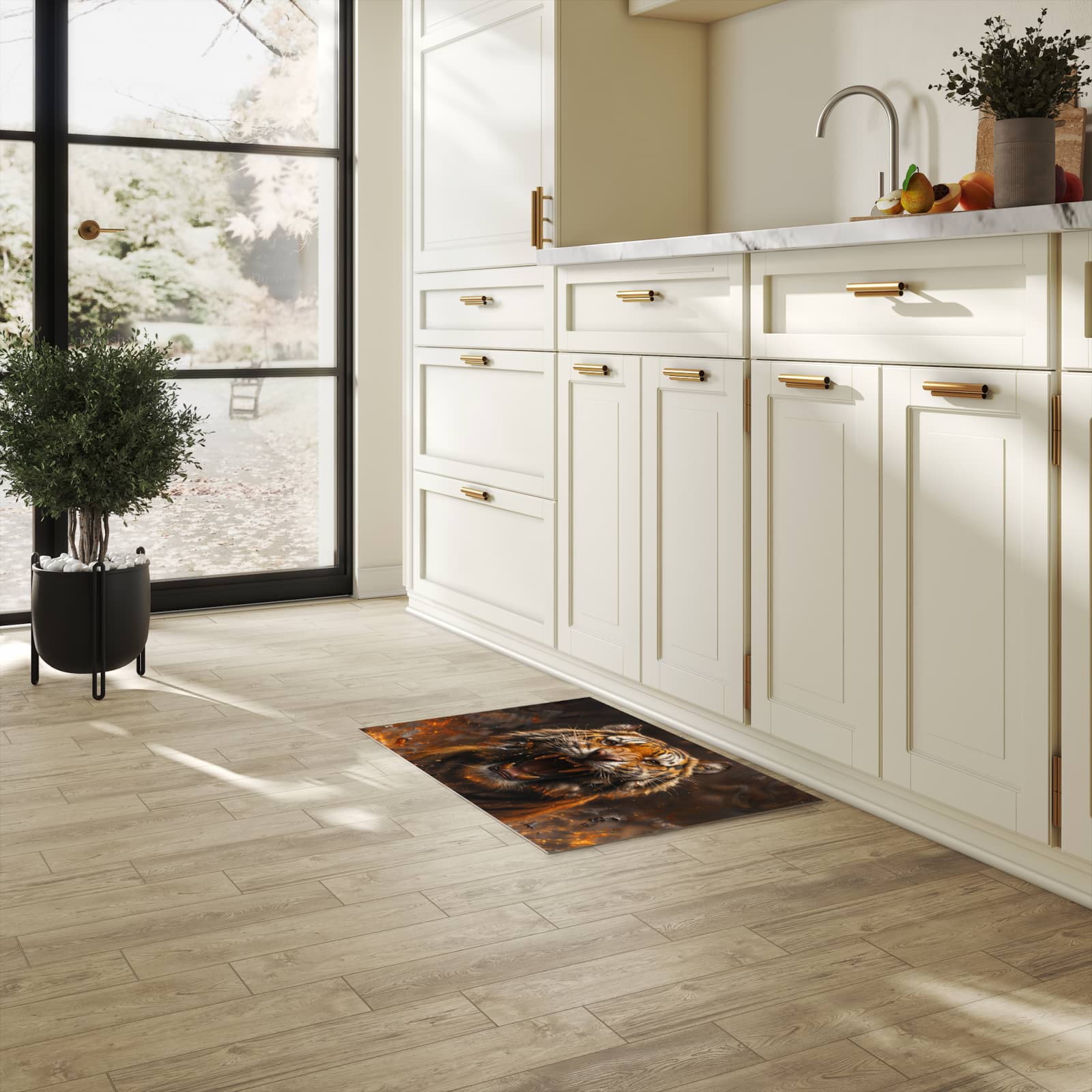 Rutschfester Bodenläufer-Teppich mit Motiv Tiger im Feuer in heller Küche