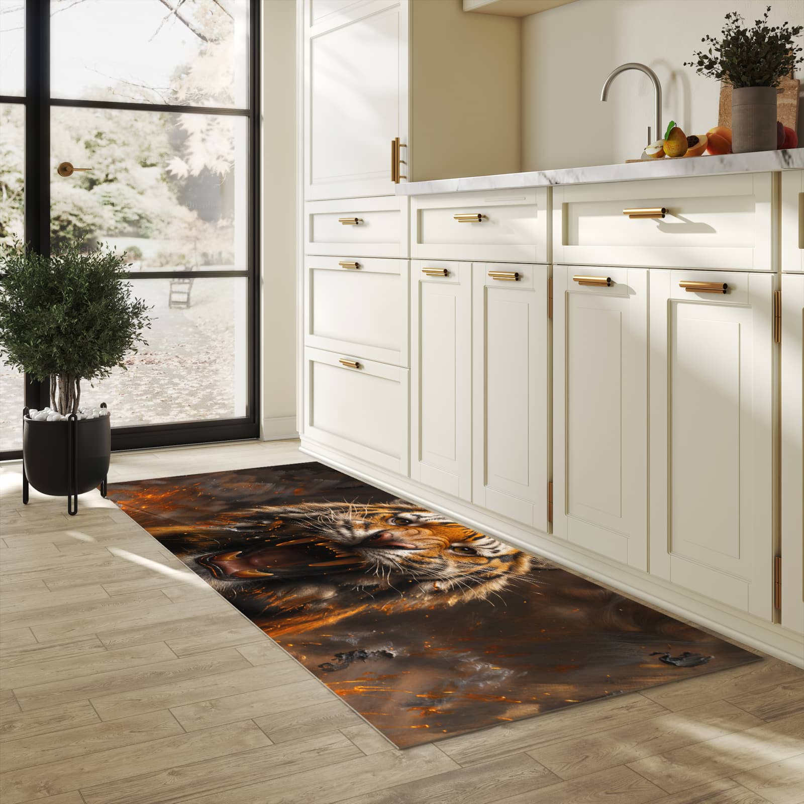 Formstabiler waschbarer Küchenteppich mit Motiv Tiger im Feuer in heller Küche