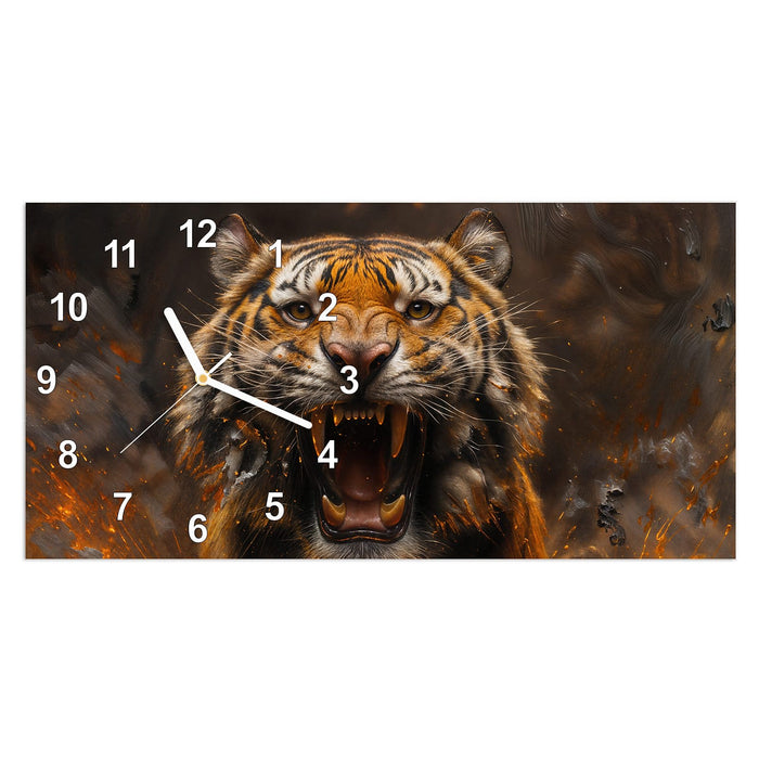 Wanduhr Tiger im Feuer aus Glas – Querformat 60 × 30 cm mit Ziffernblatt Modern