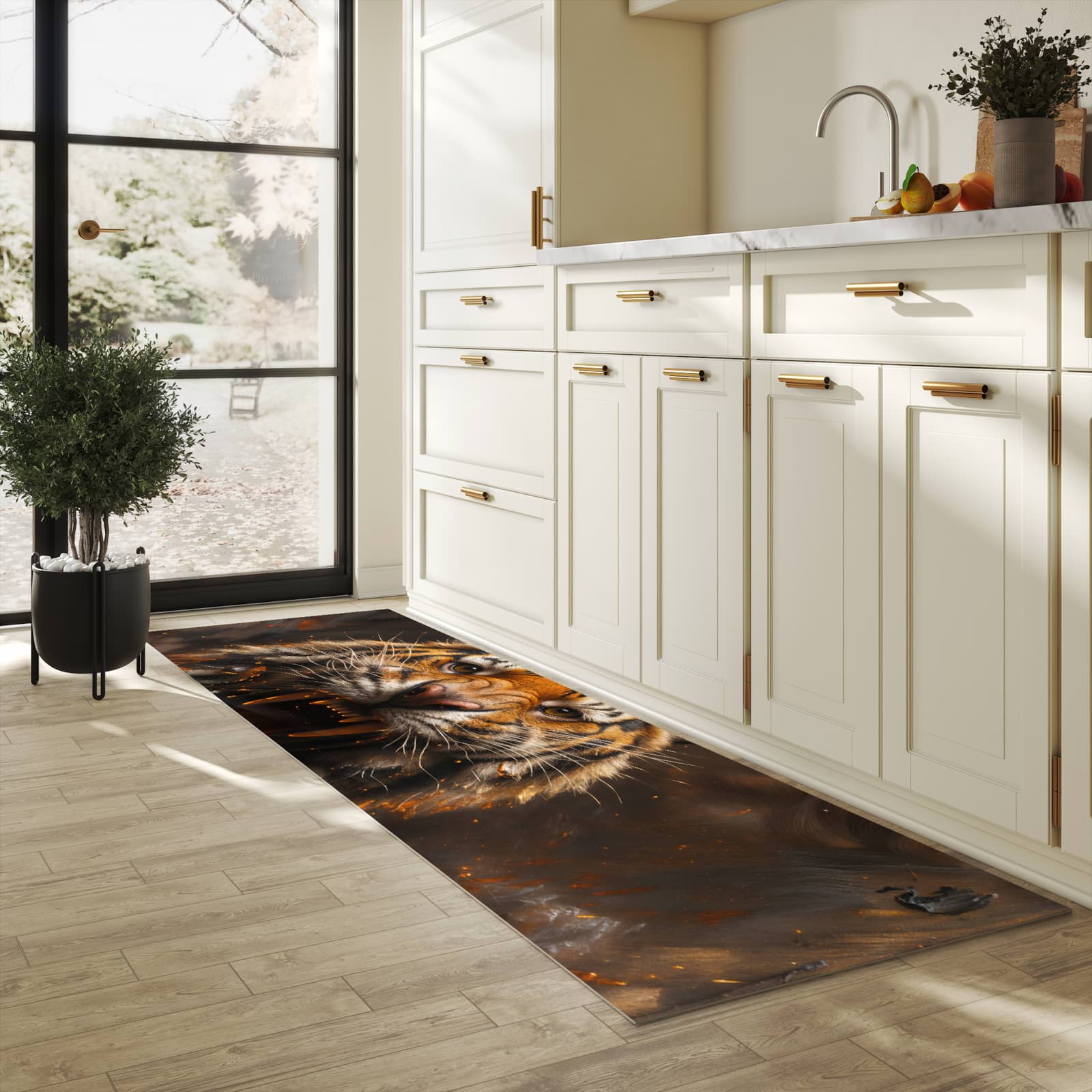 Küchenteppich mit Motiv Tiger im Feuer für Ordnung & Übersicht in heller Küche