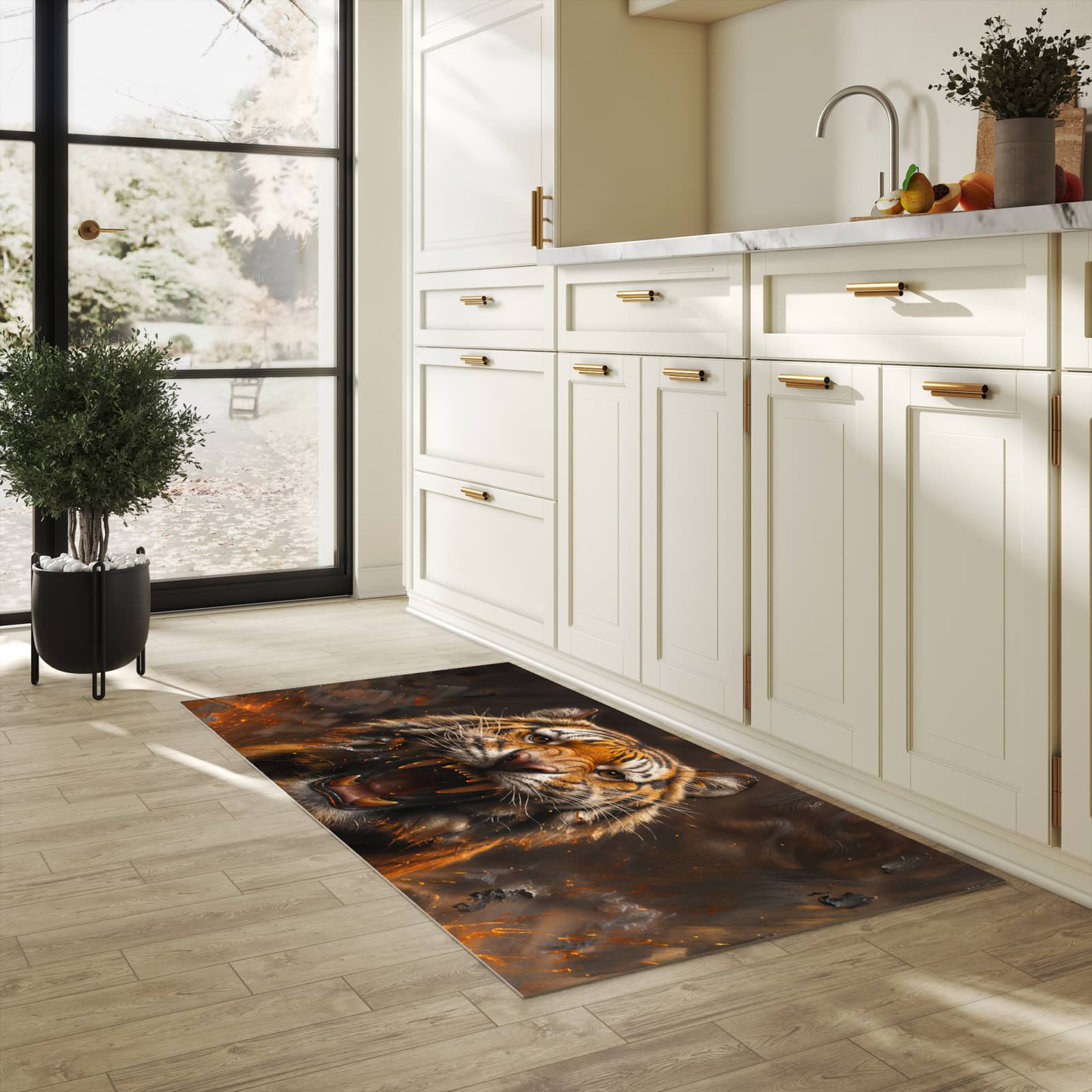 Farbbeständiger Küchenteppich mit Motiv Tiger im Feuer in heller Küche