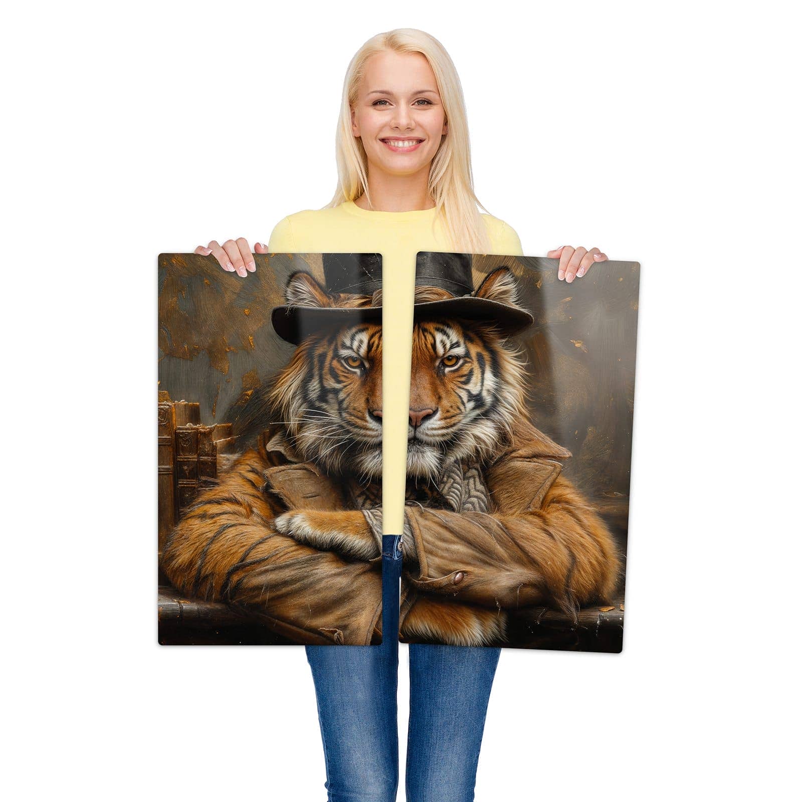 2-teilige Ceranfeld Abdeckungen mit Tiger mit Zylinder-Motiv wird zur Größendarstellung gehalten