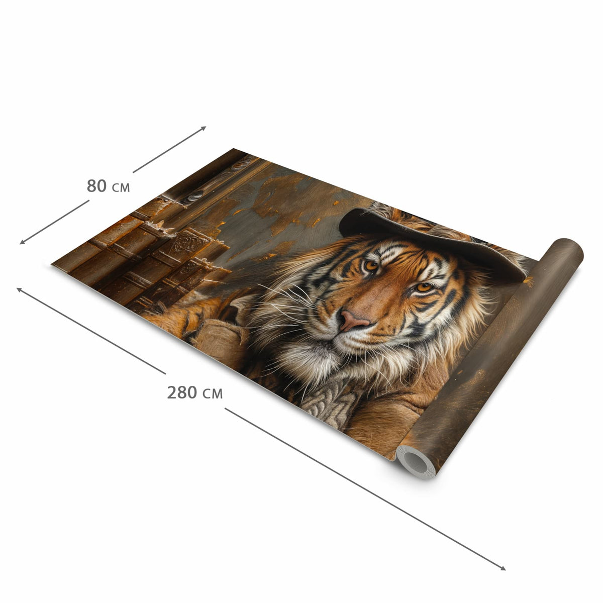 Flacher waschbarer Küchenteppich mit Motiv Tiger mit Zylinder in der Grösse 60x180 cm