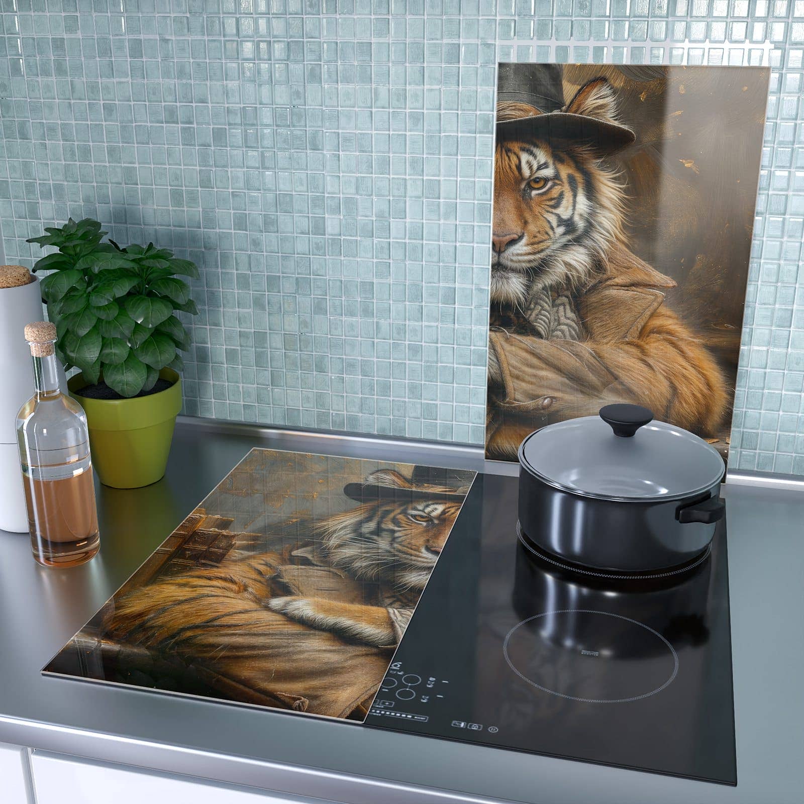 2-teilige Herdabdeckplatte mit Tiger mit Zylinder-Motiv als Spritzschutz hinter dem Kochfeld