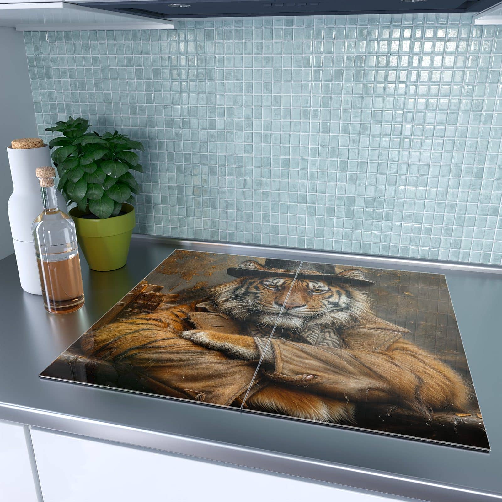 2-teilige Herd Schutzplatte mit Tiger mit Zylinder-Motiv auf dem Ceranfeld
