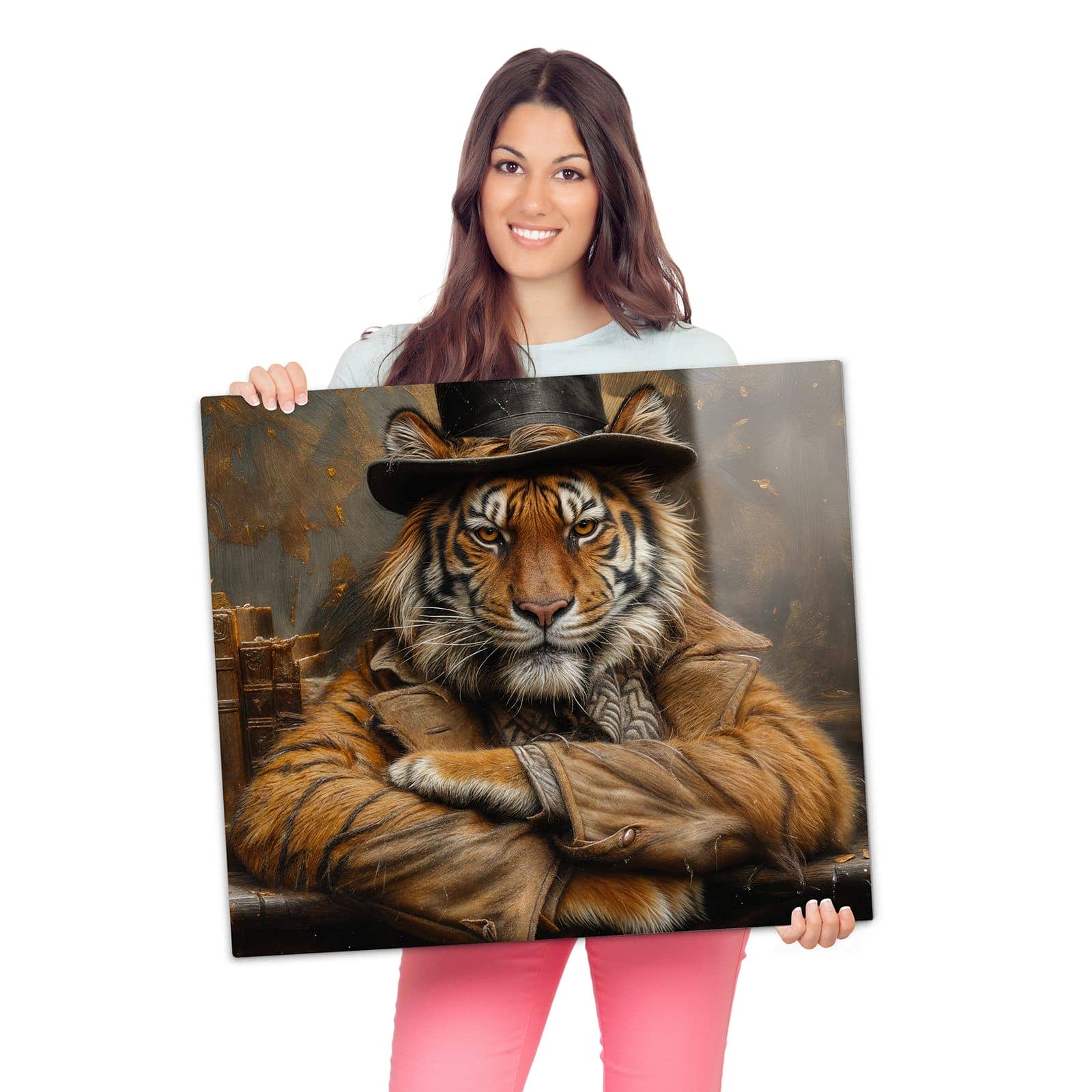 Herdabdeckplatte mit Tiger mit Zylinder-Motiv wird zur Größendarstellung gehalten