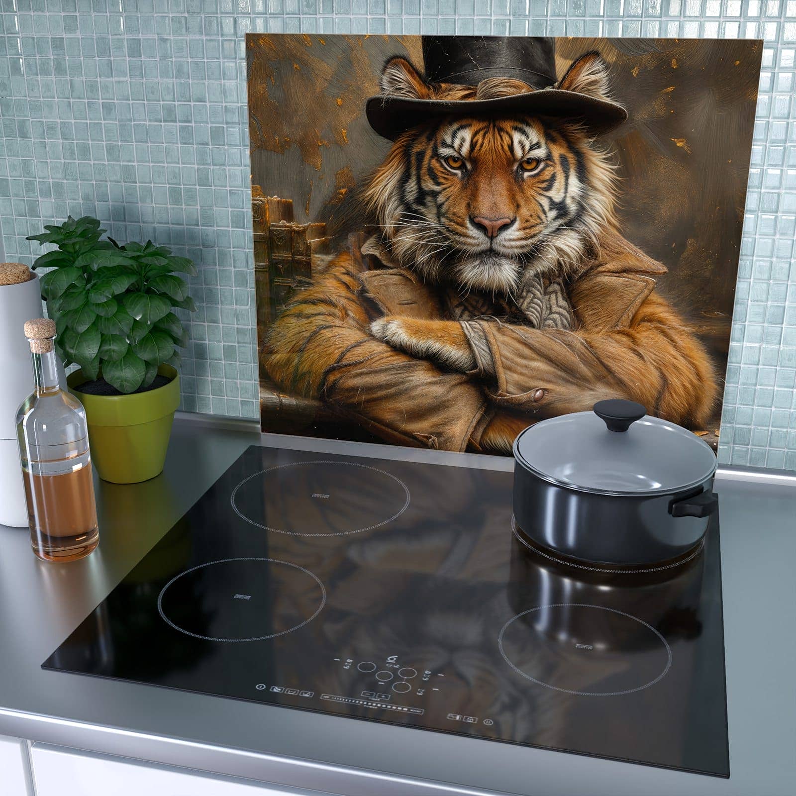 1-teilige Ceranfeld Abdeckplatten mit Tiger mit Zylinder-Motiv als Spritzschutz hinter dem Kochfeld