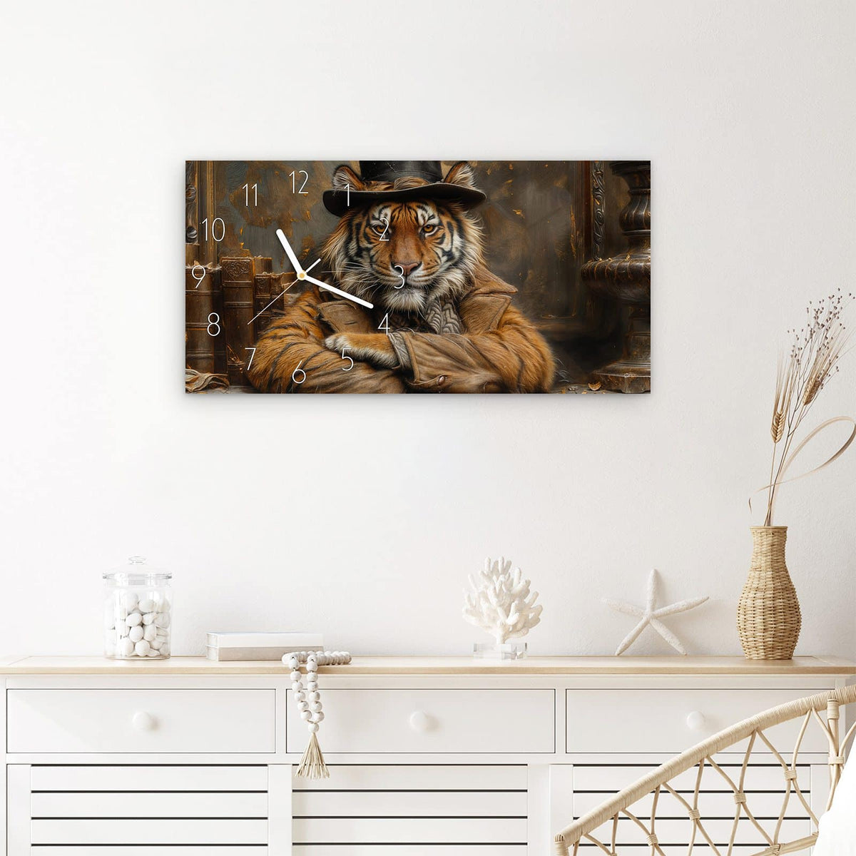 Wanduhr Tiger mit Zylinder aus Glas – Querformat 60 × 30 cm – Tiger im viktorianischen Outfit