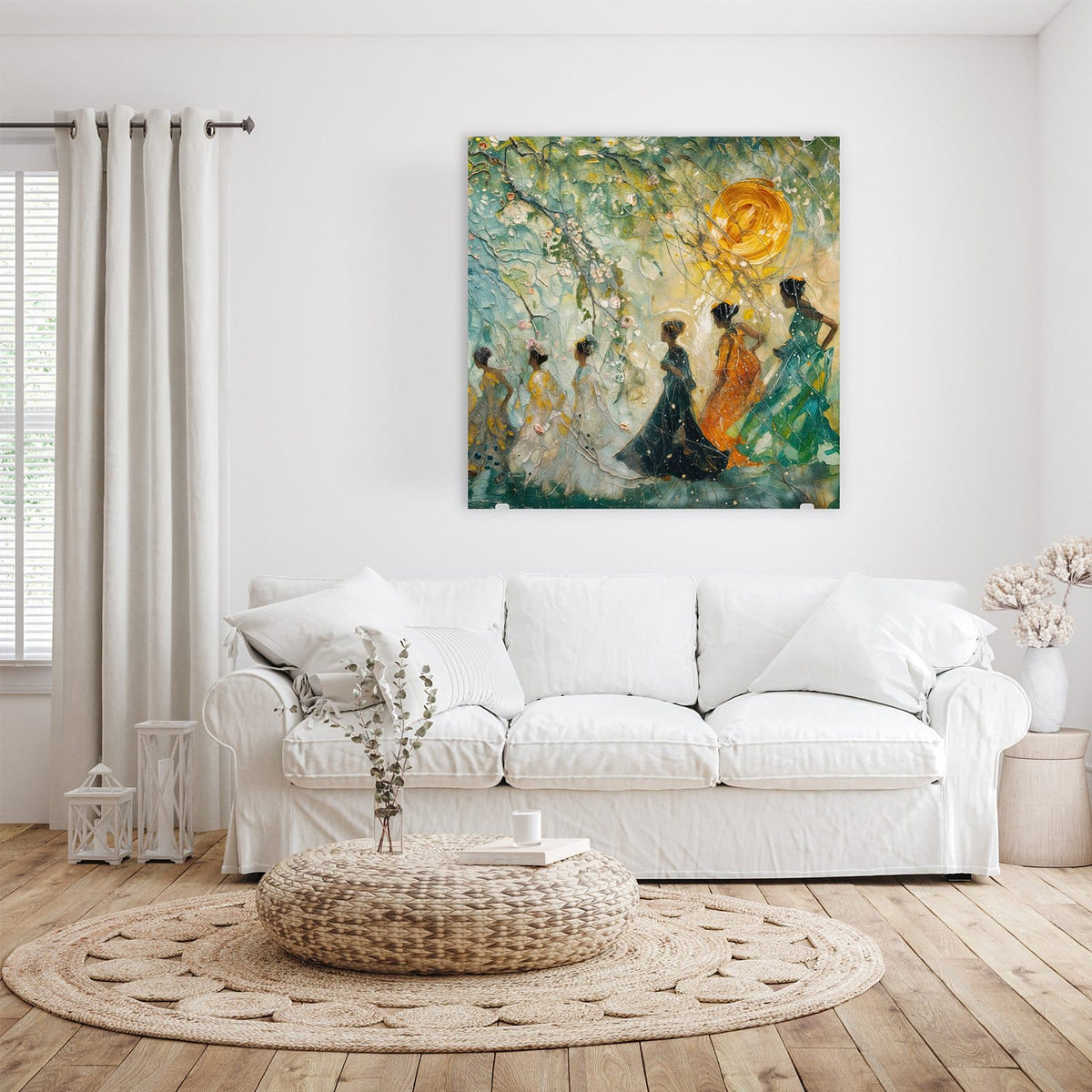 Glasbild Spaziergang in Blüten an der Wand – Gemalte Gruppe von Frauen in langen Kleidern, die unter blühenden Zweigen und einer goldenen Sonne gehen