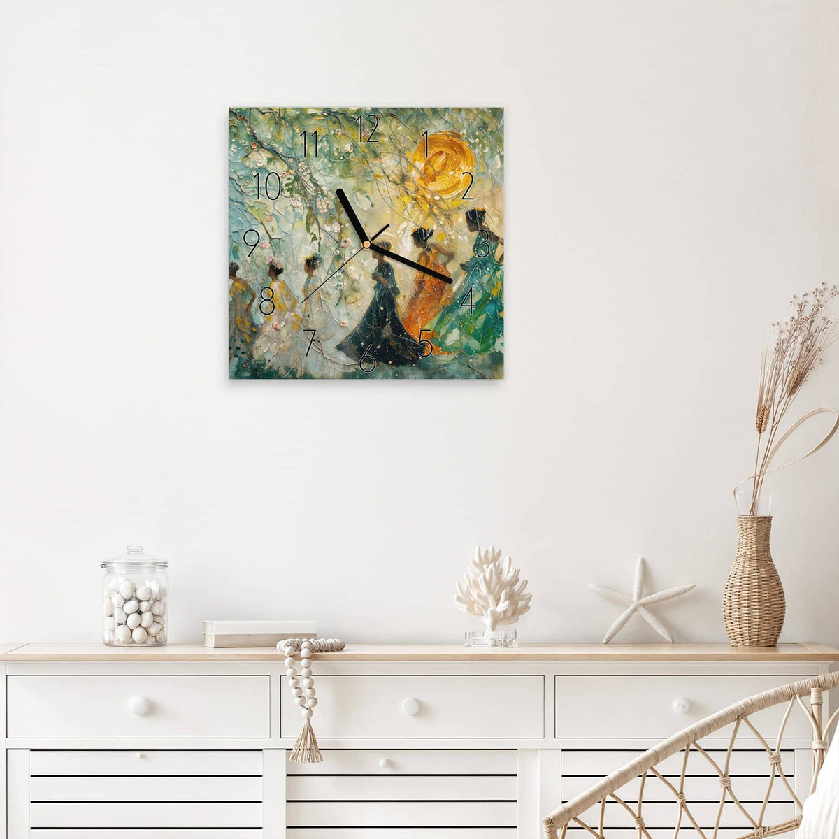 Wanduhr Spaziergang in Blüten aus Glas – Quadratisch 30 × 30 cm – Frauen unter blühenden Zweigen