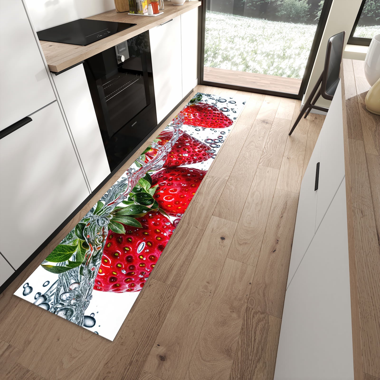Bodenschonender rutschfester Küchenläufer mit Motiv In Wasser Erdbeeren in moderner Küche