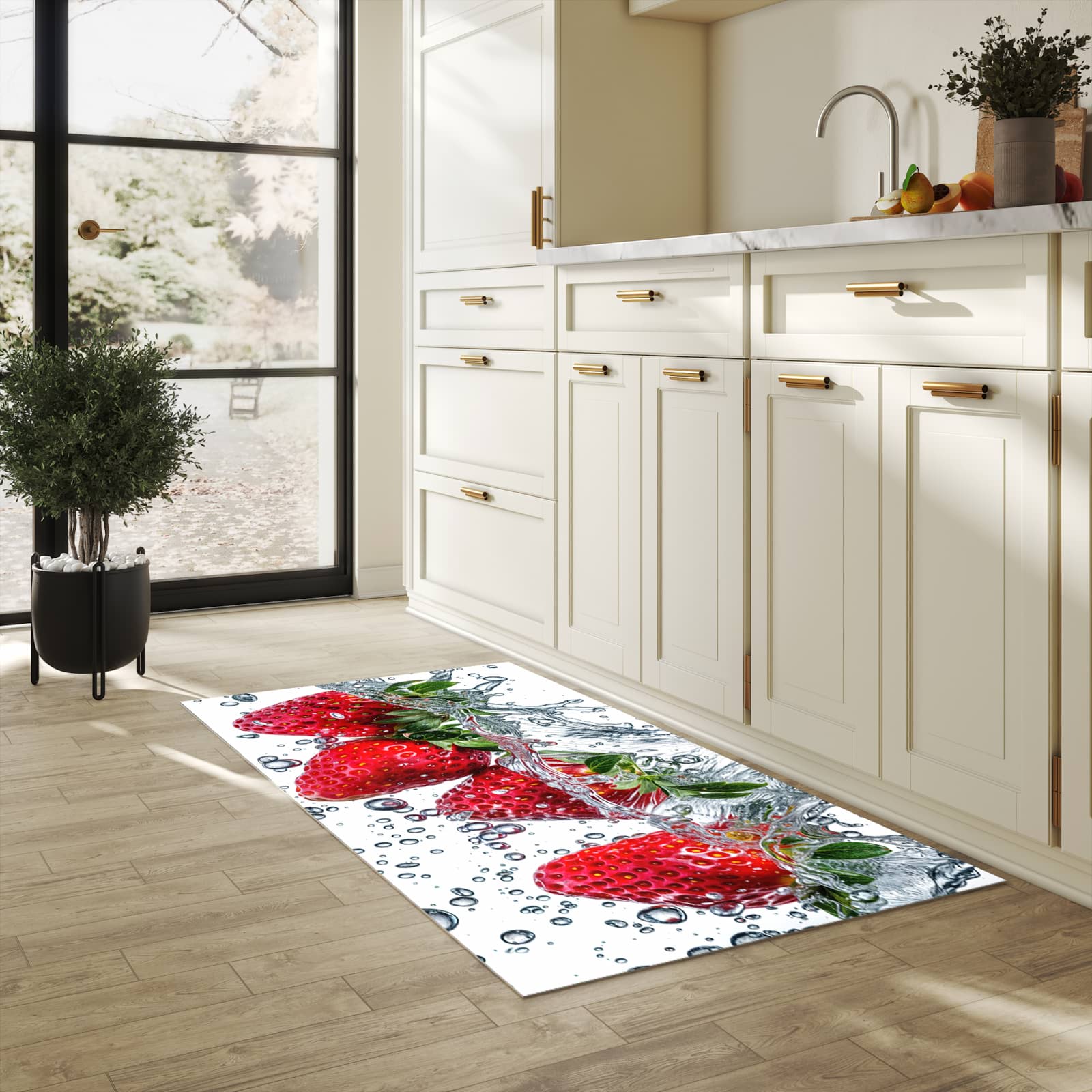 Pflegeleichter Küchenläufer nach Maß mit Motiv In Wasser Erdbeeren in heller Küche