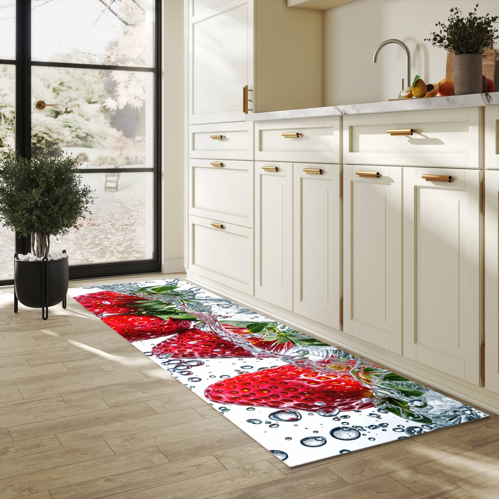 Komfortabler rutschfester Küchenläufer mit Motiv In Wasser Erdbeeren in heller Küche