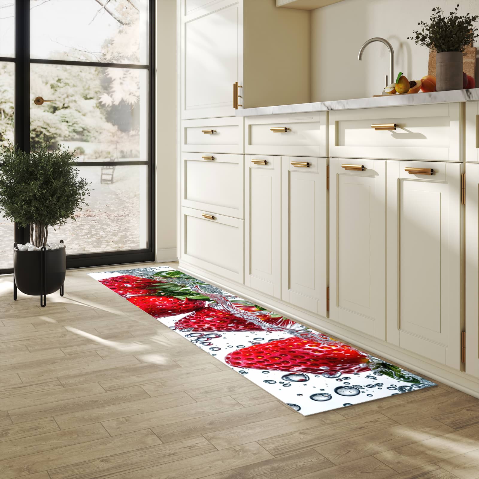 Schmutzabweisender Küchenläufer mit Motiv In Wasser Erdbeeren in heller Küche