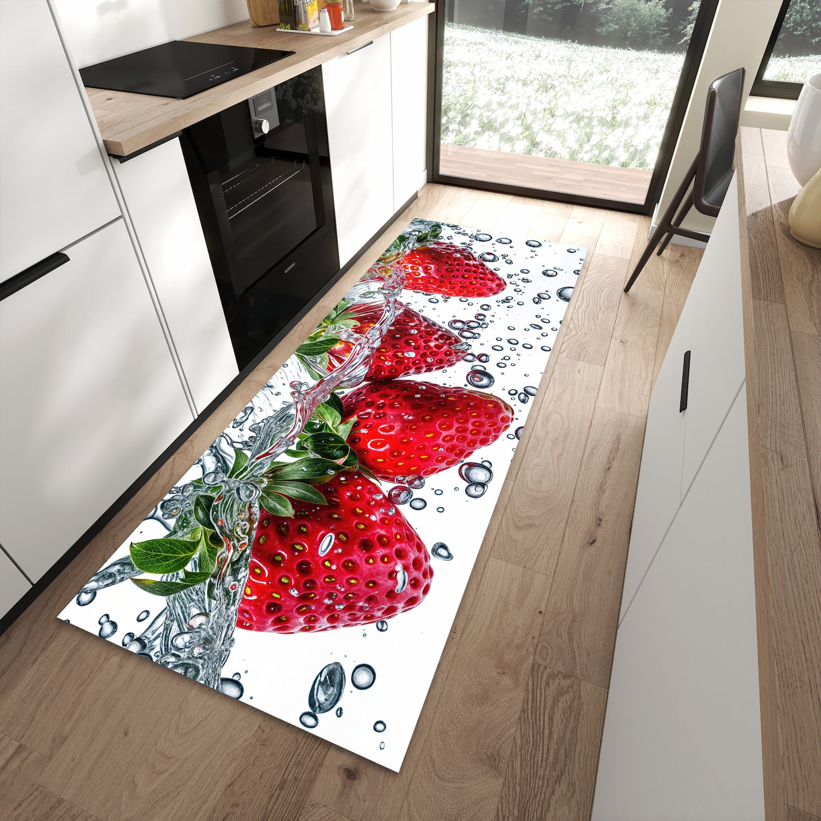 Komfortabler Küchenteppich mit Motiv In Wasser Erdbeeren in moderner Küche - abwaschbar