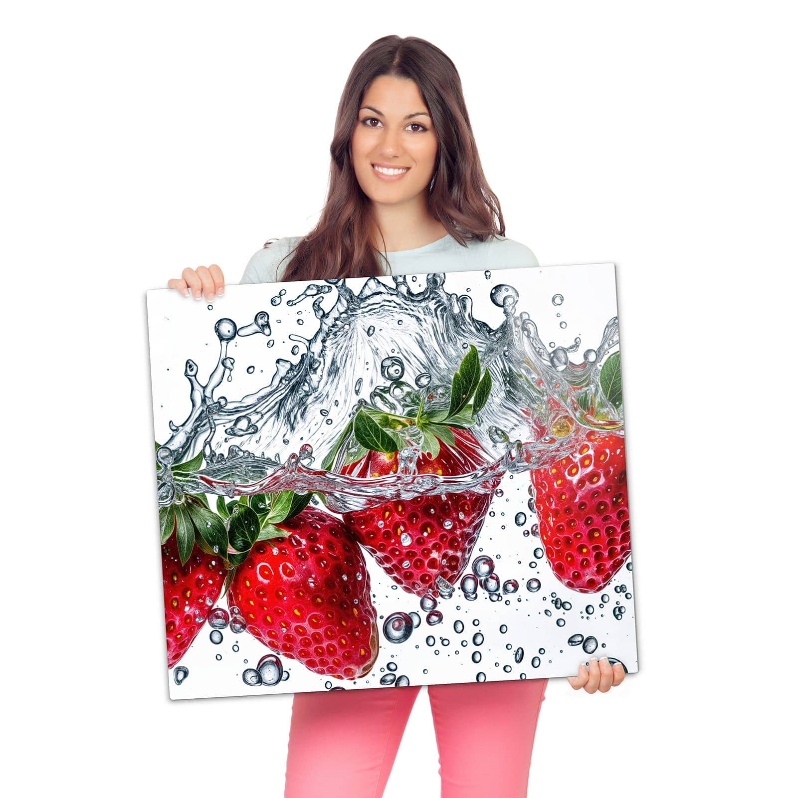 Abdeckplatten für den Herd mit Spritzige Erdbeeren-Motiv wird zur Größendarstellung gehalten