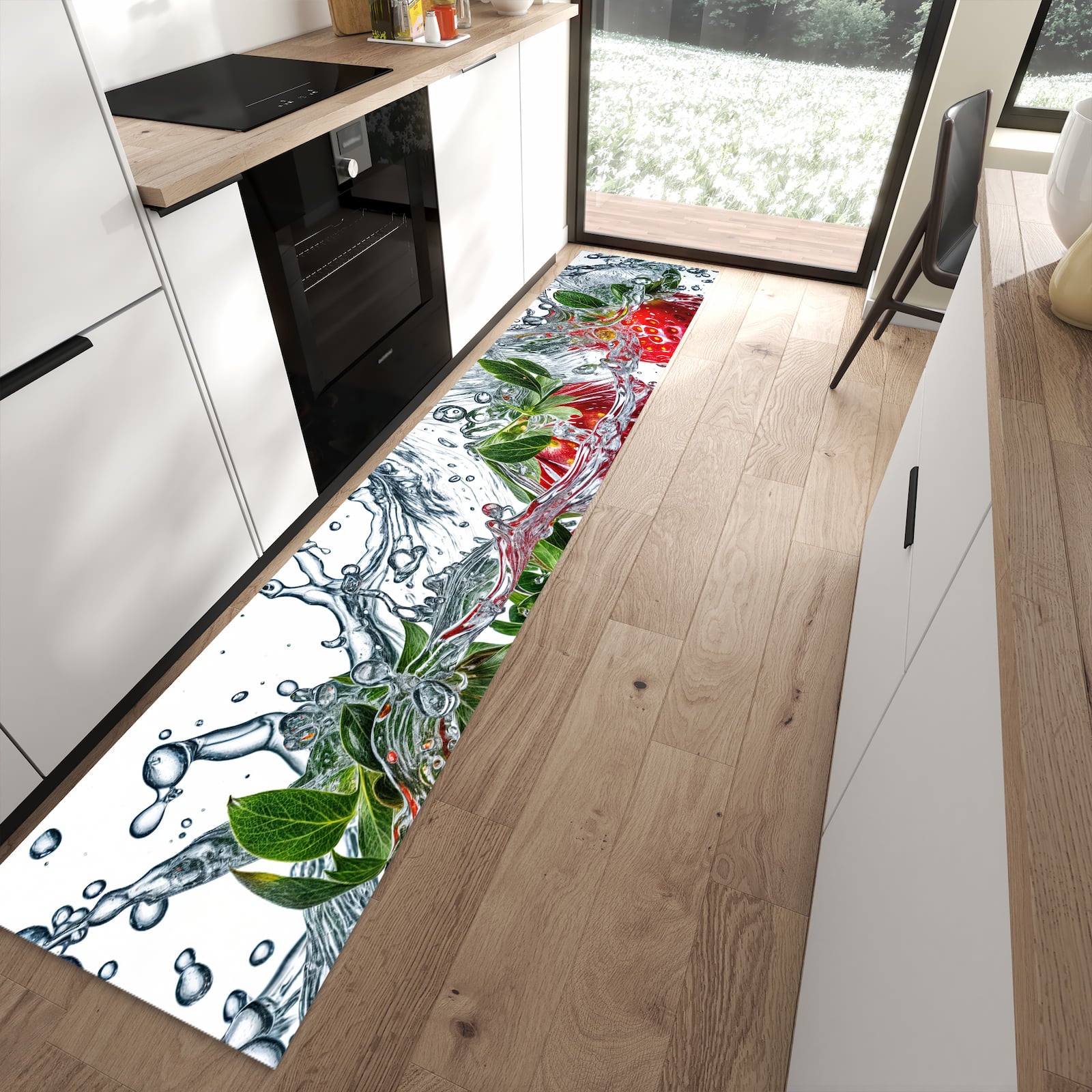 Farbbeständiger waschbarer Küchenläufer mit Motiv In Wasser Erdbeeren in moderner Küche