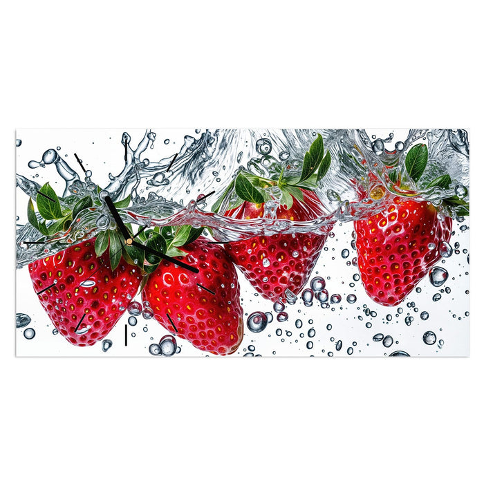 Wanduhr Spritzige Erdbeeren aus Glas – Querformat 60 × 30 cm mit Ziffernblatt Linie