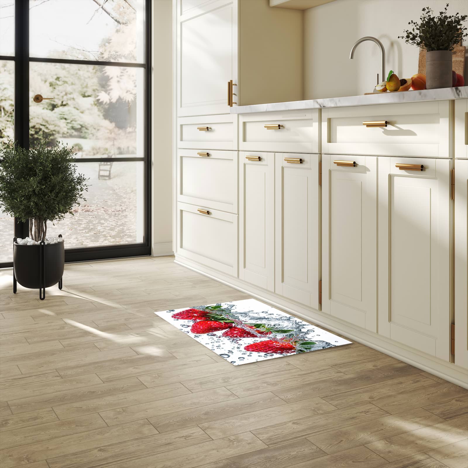 Langlebiger rutschfester Küchenläufer mit Motiv In Wasser Erdbeeren in heller Küche