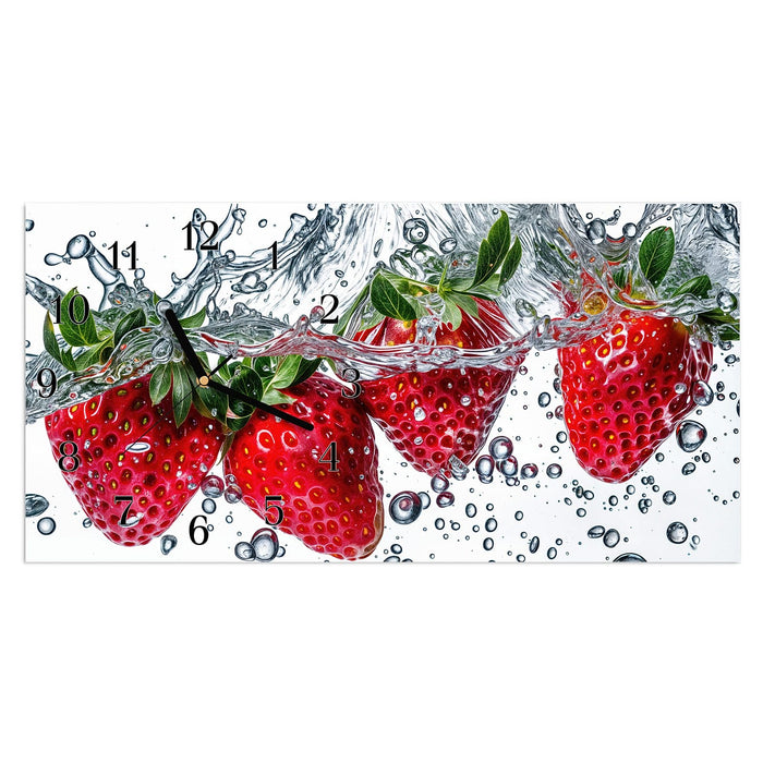 Wanduhr Spritzige Erdbeeren aus Glas – Querformat 60 × 30 cm mit Ziffernblatt Klassisch