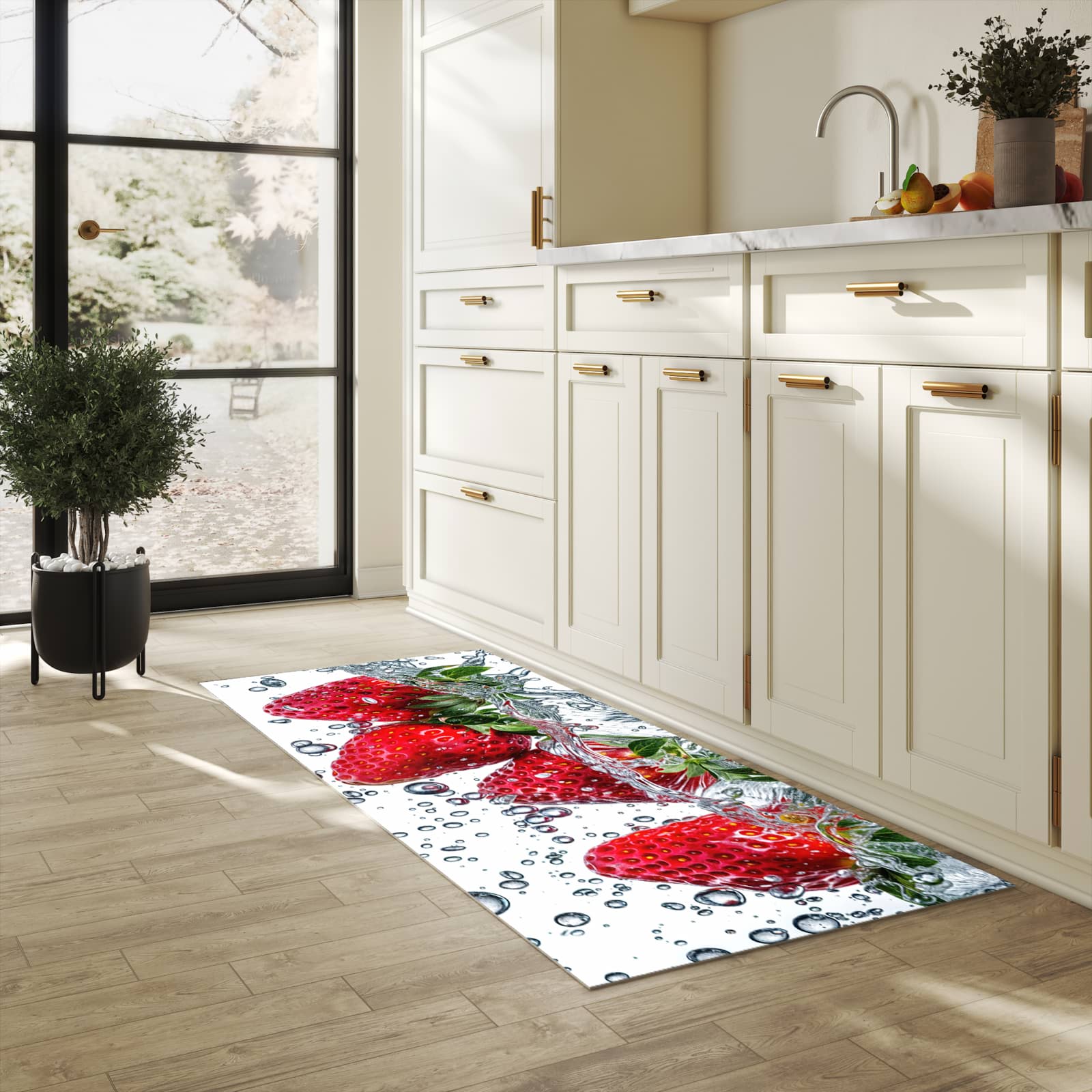 Flacher rutschfester Küchenläufer mit Motiv In Wasser Erdbeeren in heller Küche