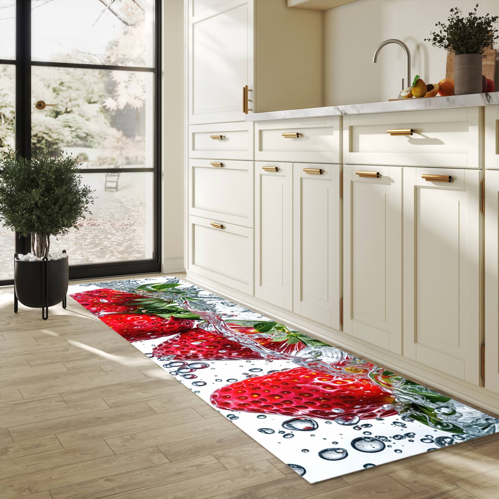 Rutschfester Küchenläufer mit Motiv In Wasser Erdbeeren in heller Küche