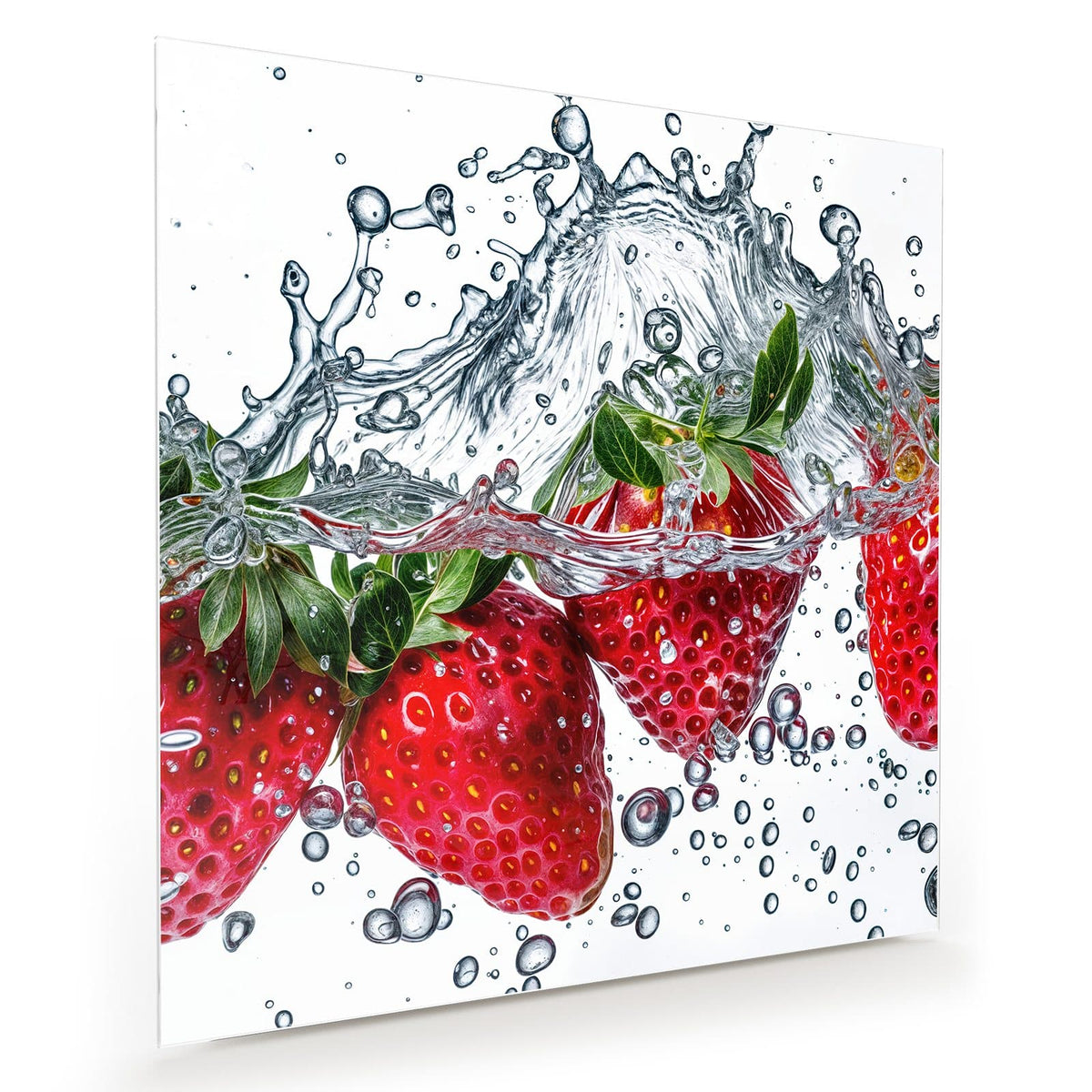 Erdbeeren tauchen vor Weiß ins Wasser, Spritzerwand und Tropfen ringsum