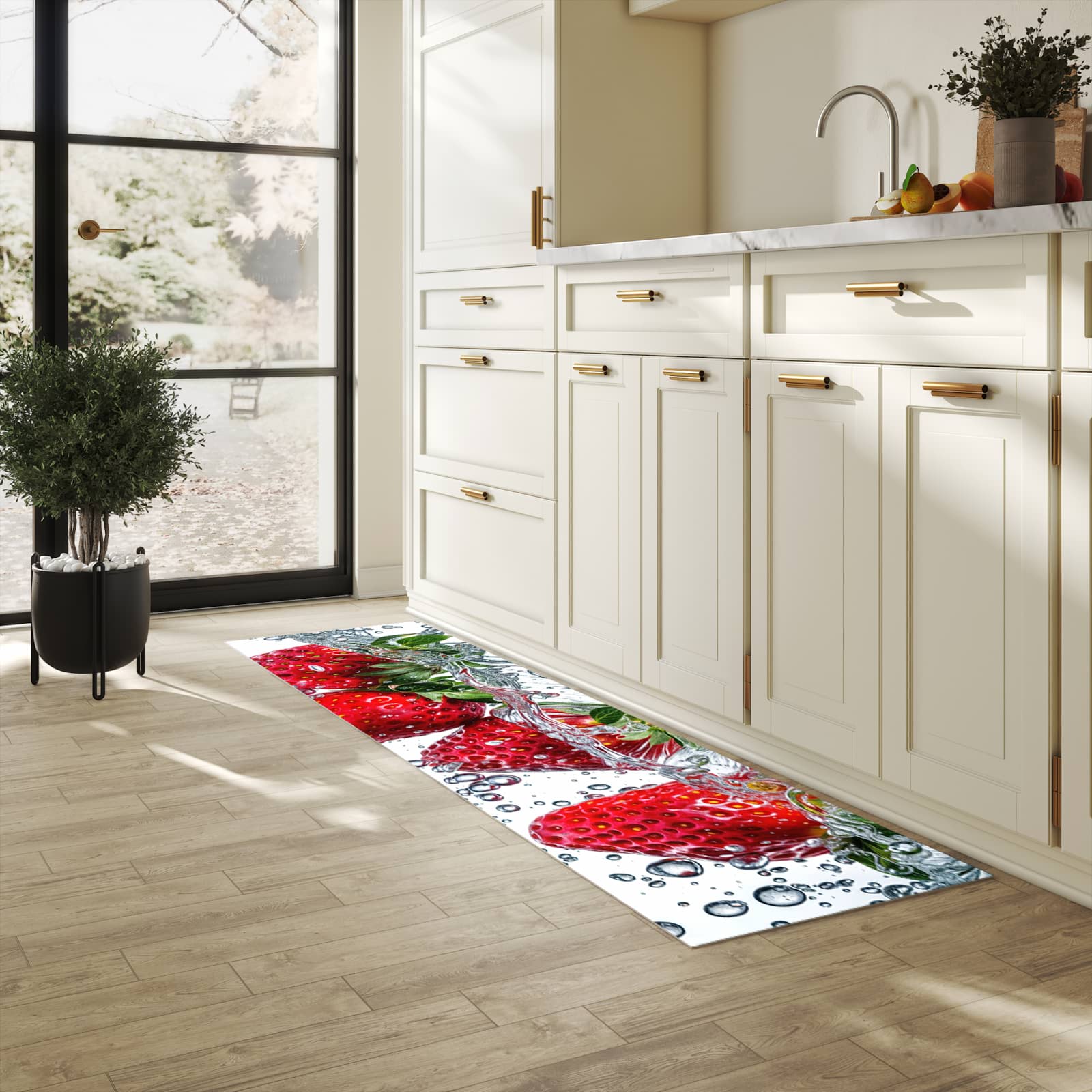 Fleckenresistenter Küchenläufer mit Motiv In Wasser Erdbeeren in heller Küche