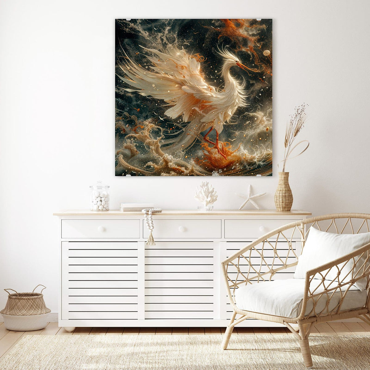 Glasbild Eleganter Vogel an der Wand – Weißer Kranich mit ausgebreiteten Flügeln über dunklen Wellen mit goldenen Funken