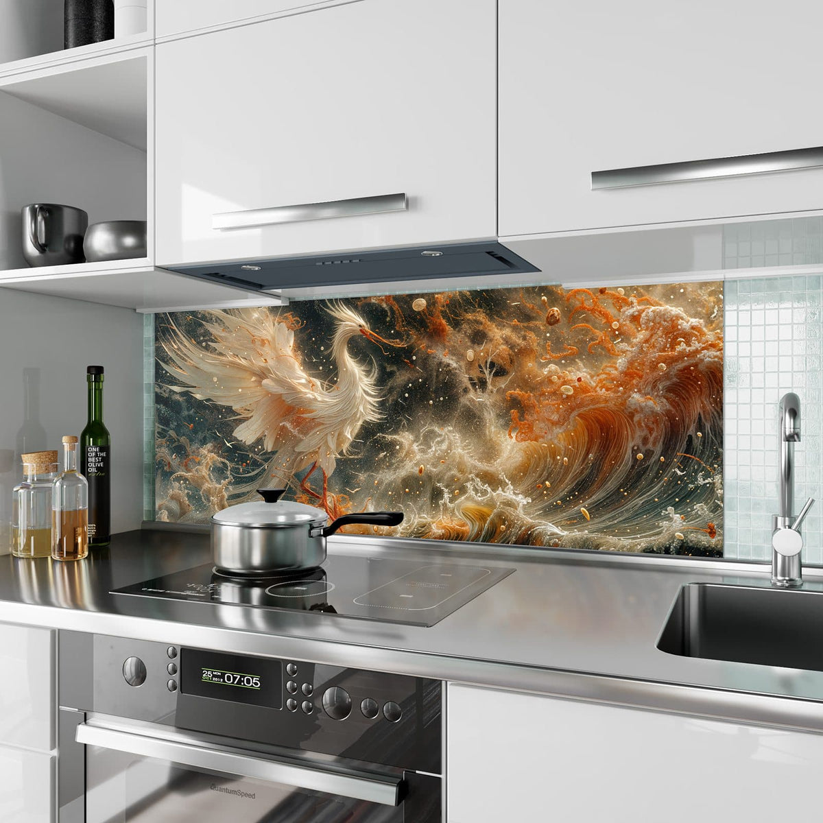 Küchenrückwand aus Glas Eleganter Vogel im Hochformat als Spritzschutz hinter dem Kochfeld, über dem Fliesenspiegel montiert