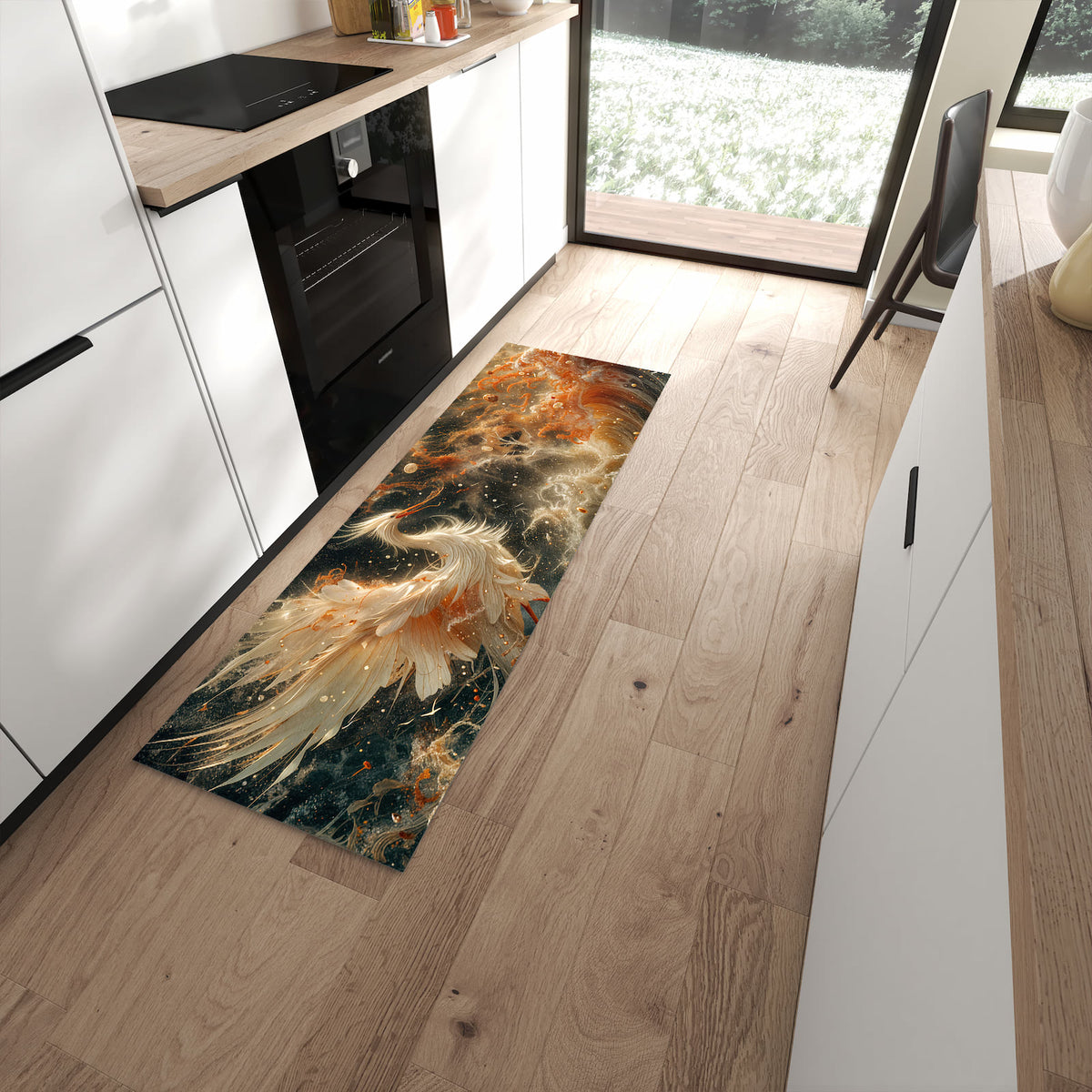 Langlebiger Küchenteppich mit Motiv Eleganter Vogel in moderner Küche